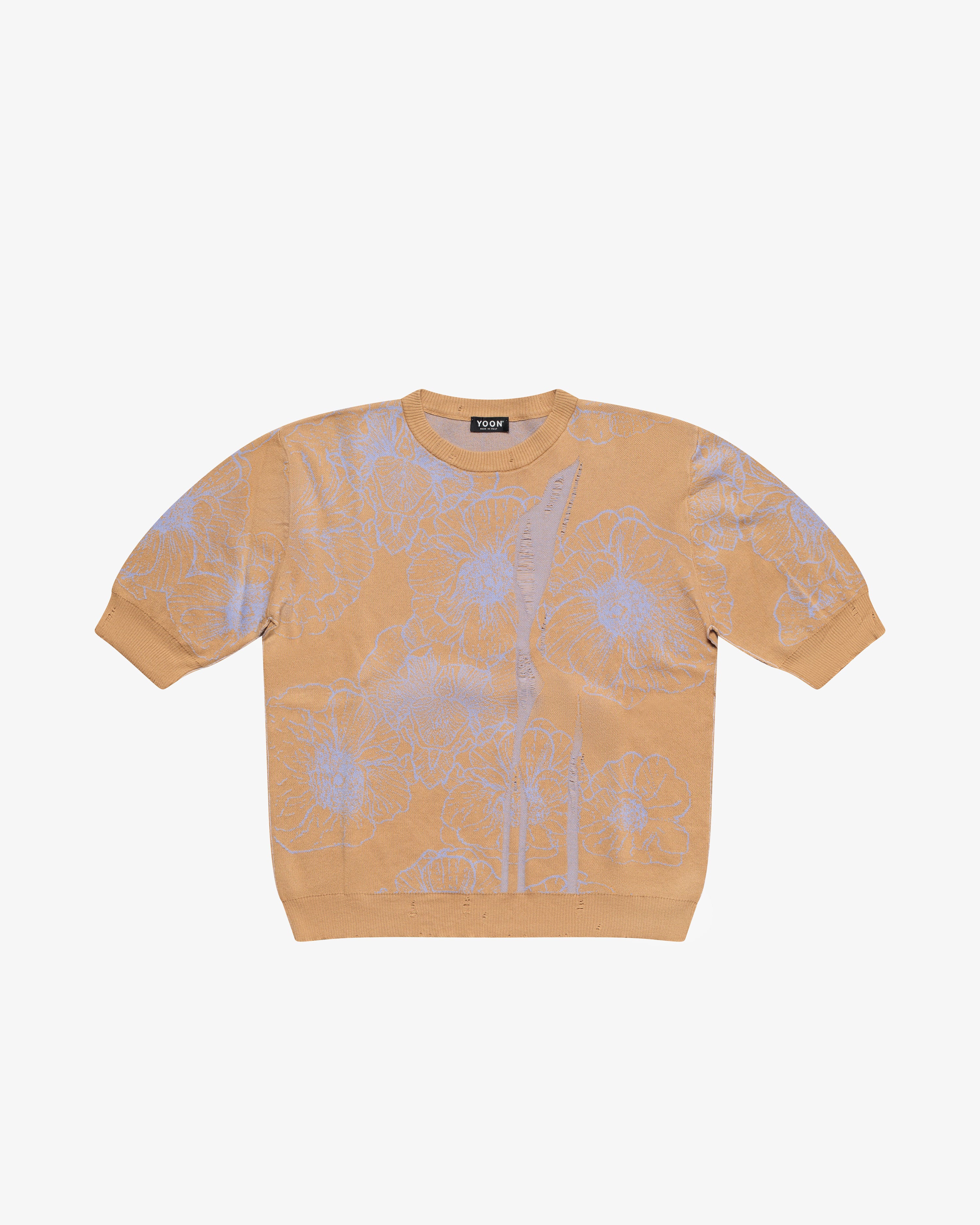 Maglia girocollo a fiori in cotone beige
