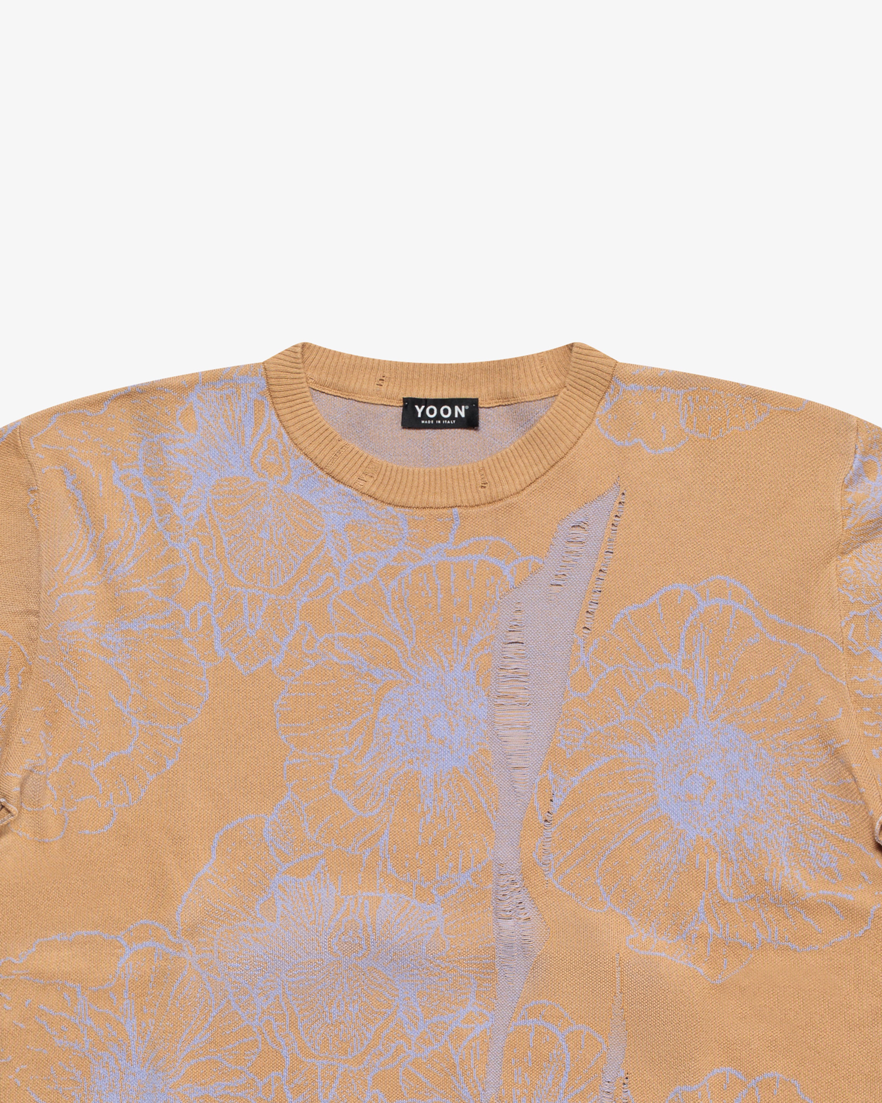 Beige crew-neck floral cotton sweater