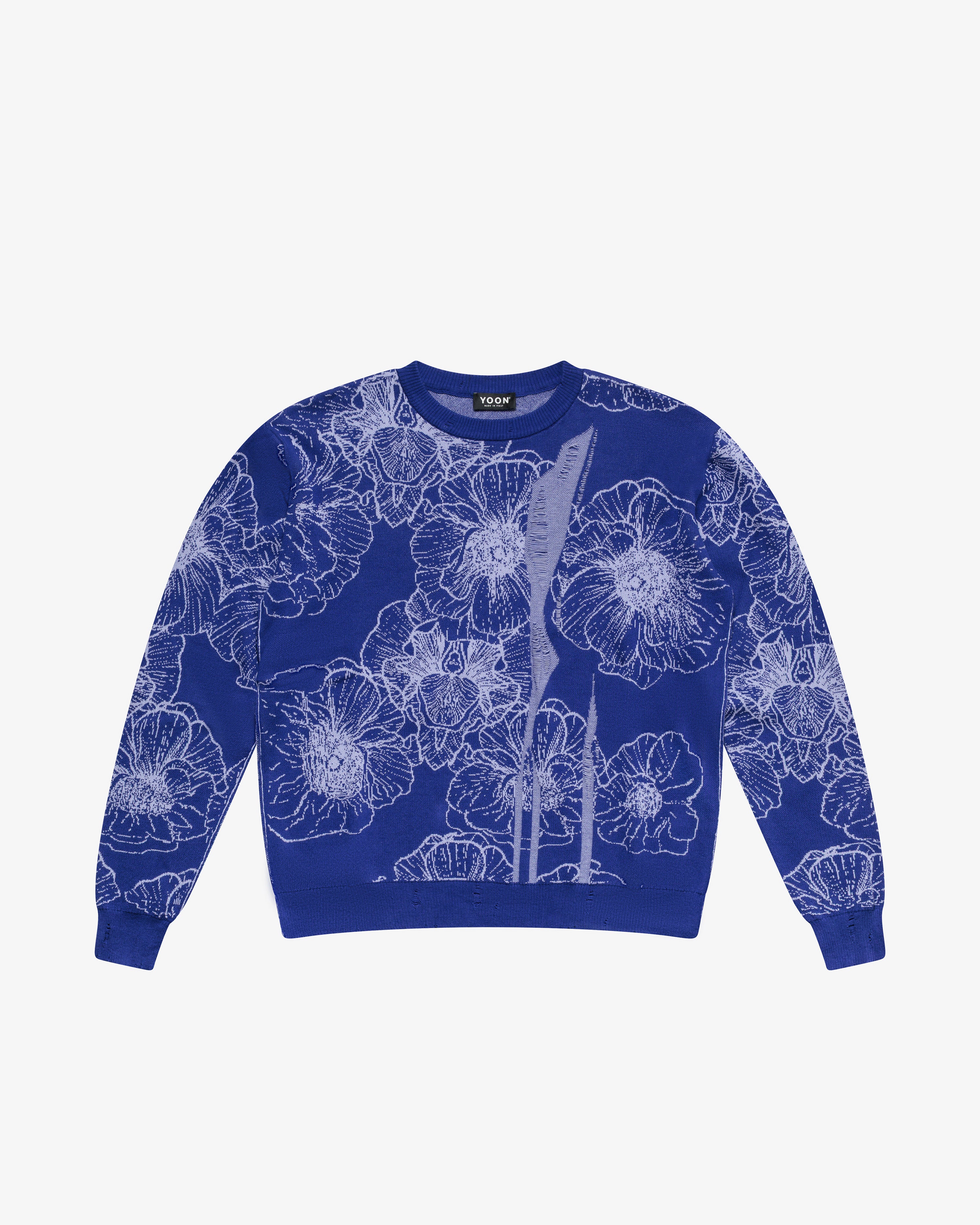 Maglia girocollo a fiori in cotone royal blu