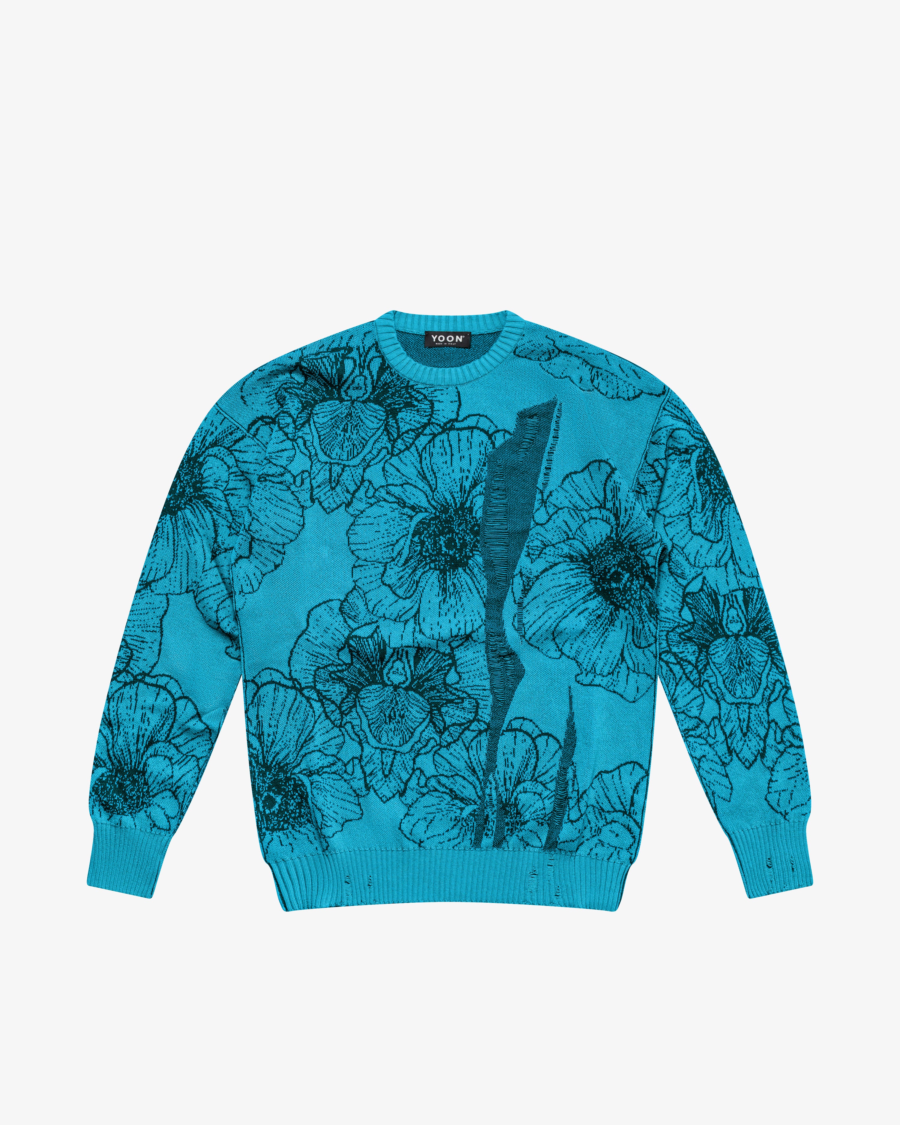 Maglione girocollo in cotone a fiori azzurro