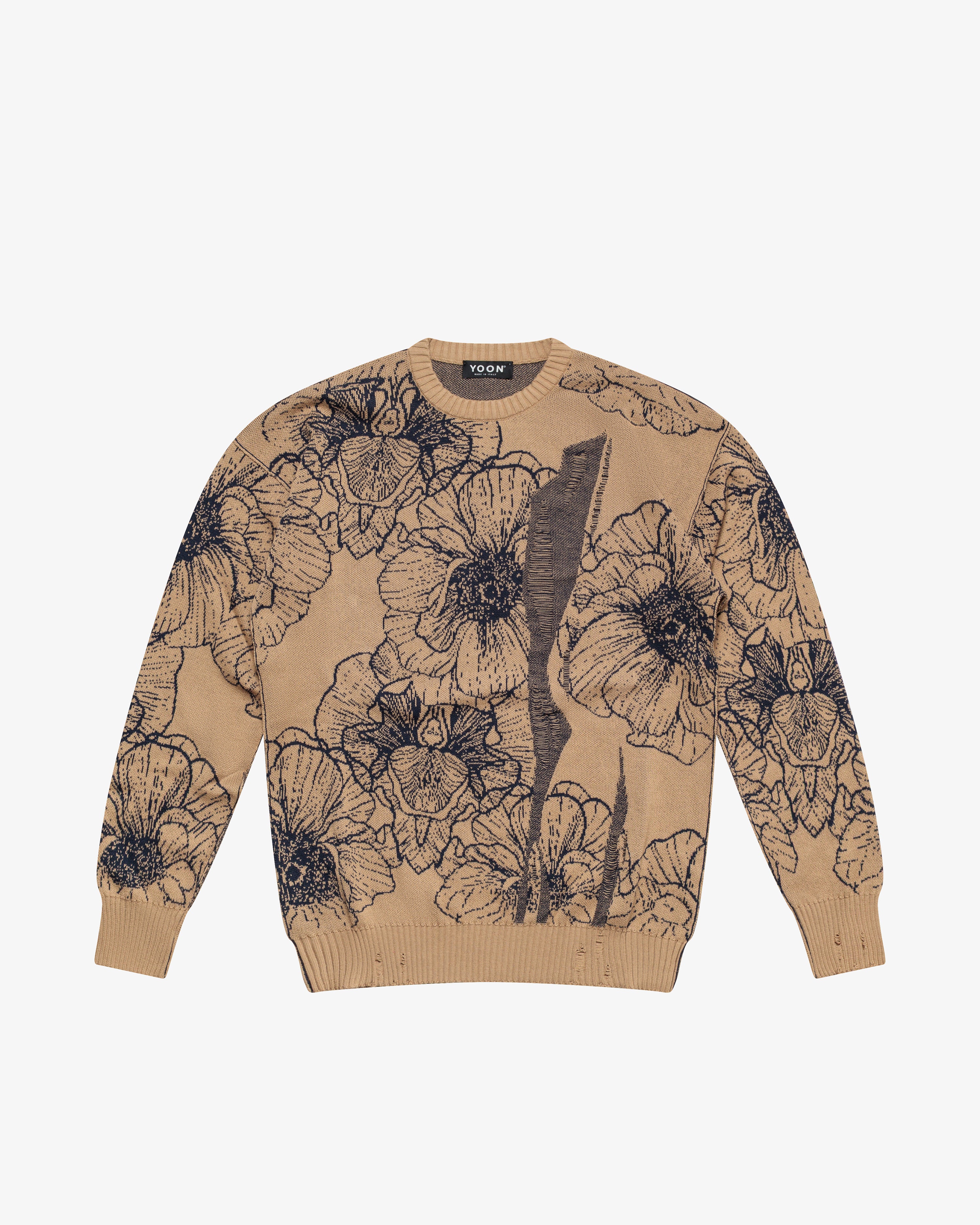 Maglione girocollo in cotone a fiori beige