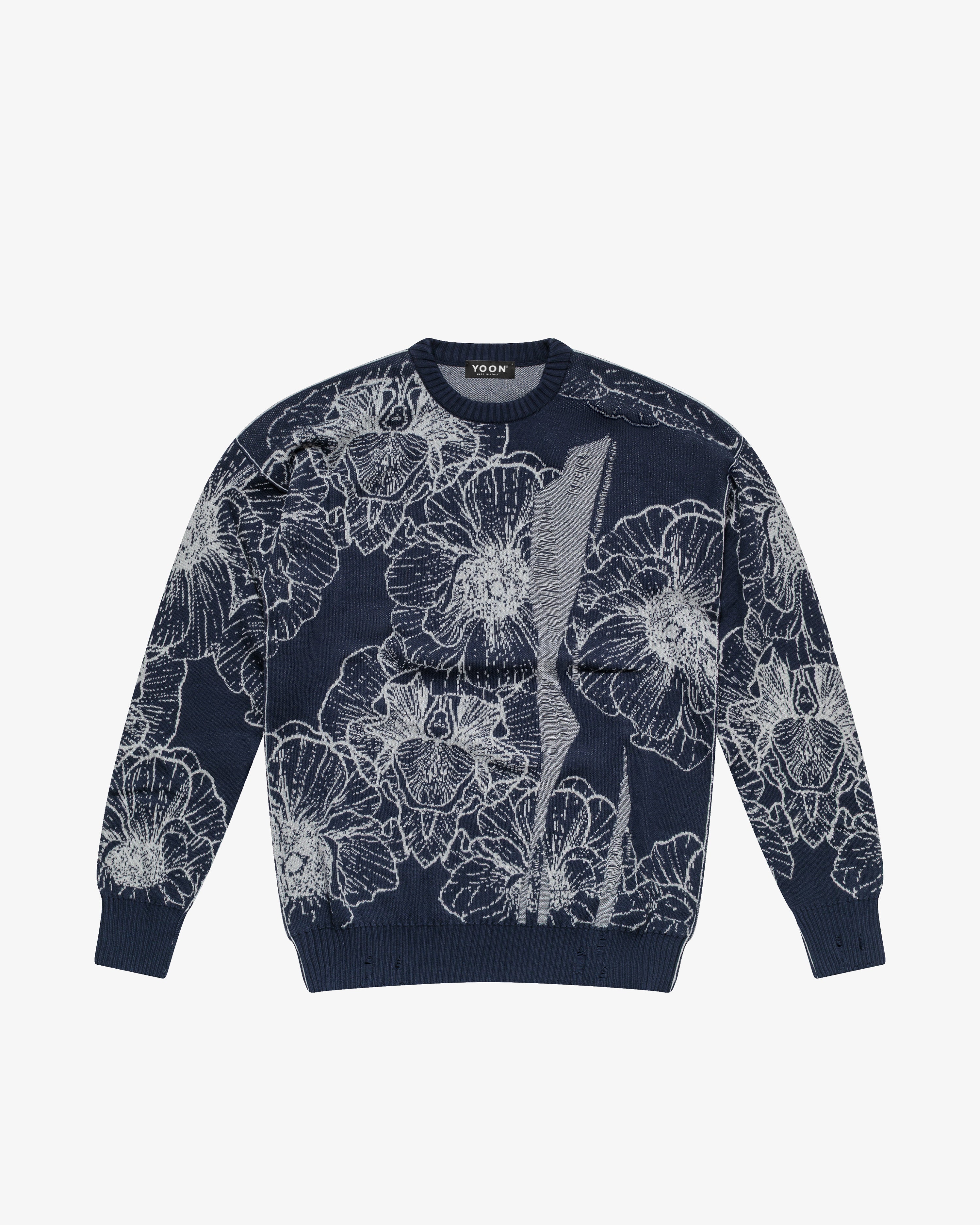 Maglione girocollo in cotone a fiori blu