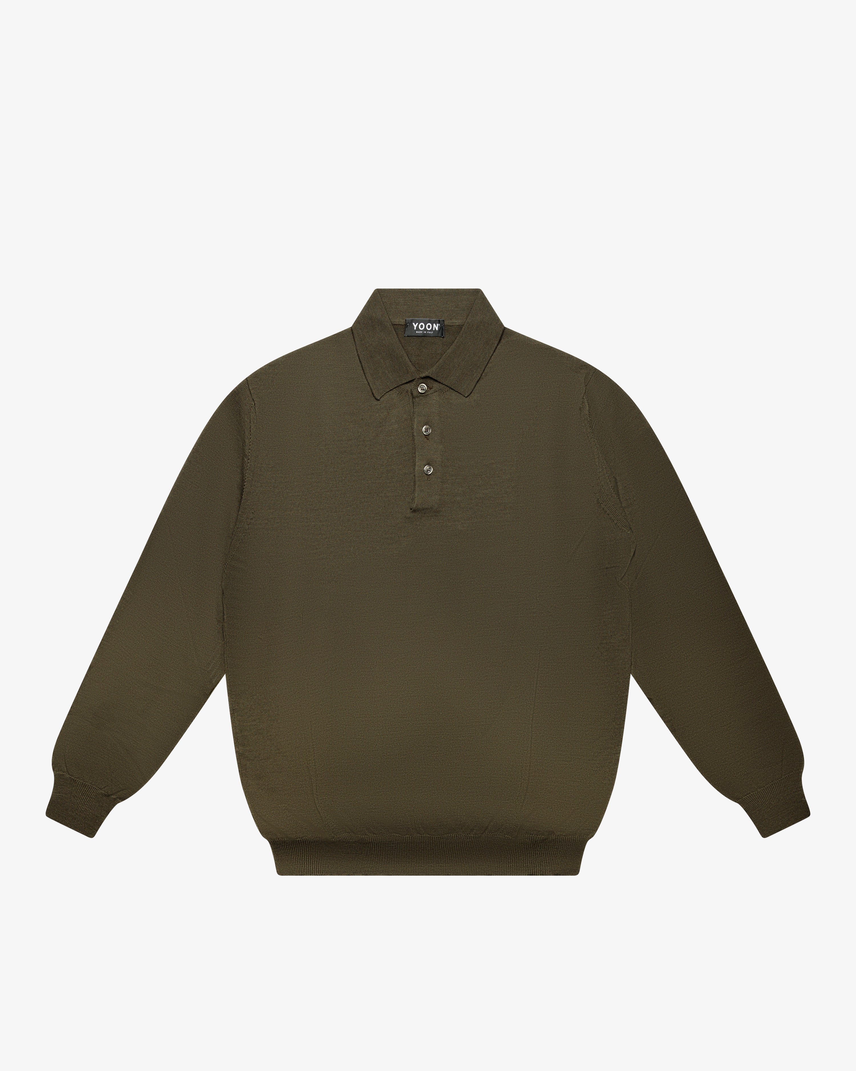 Military Green Wool Long-Sleeve Polo