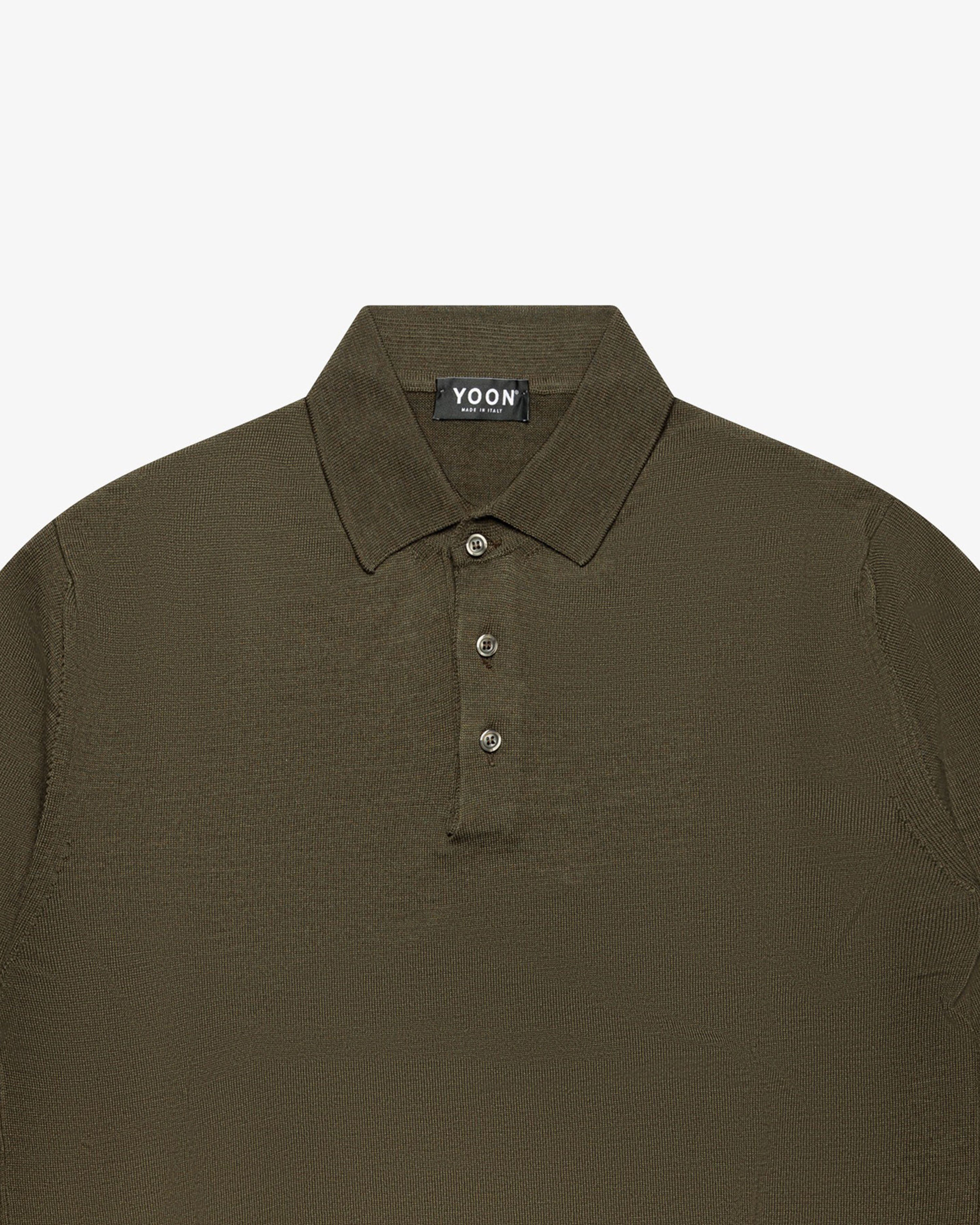 Military Green Wool Long-Sleeve Polo