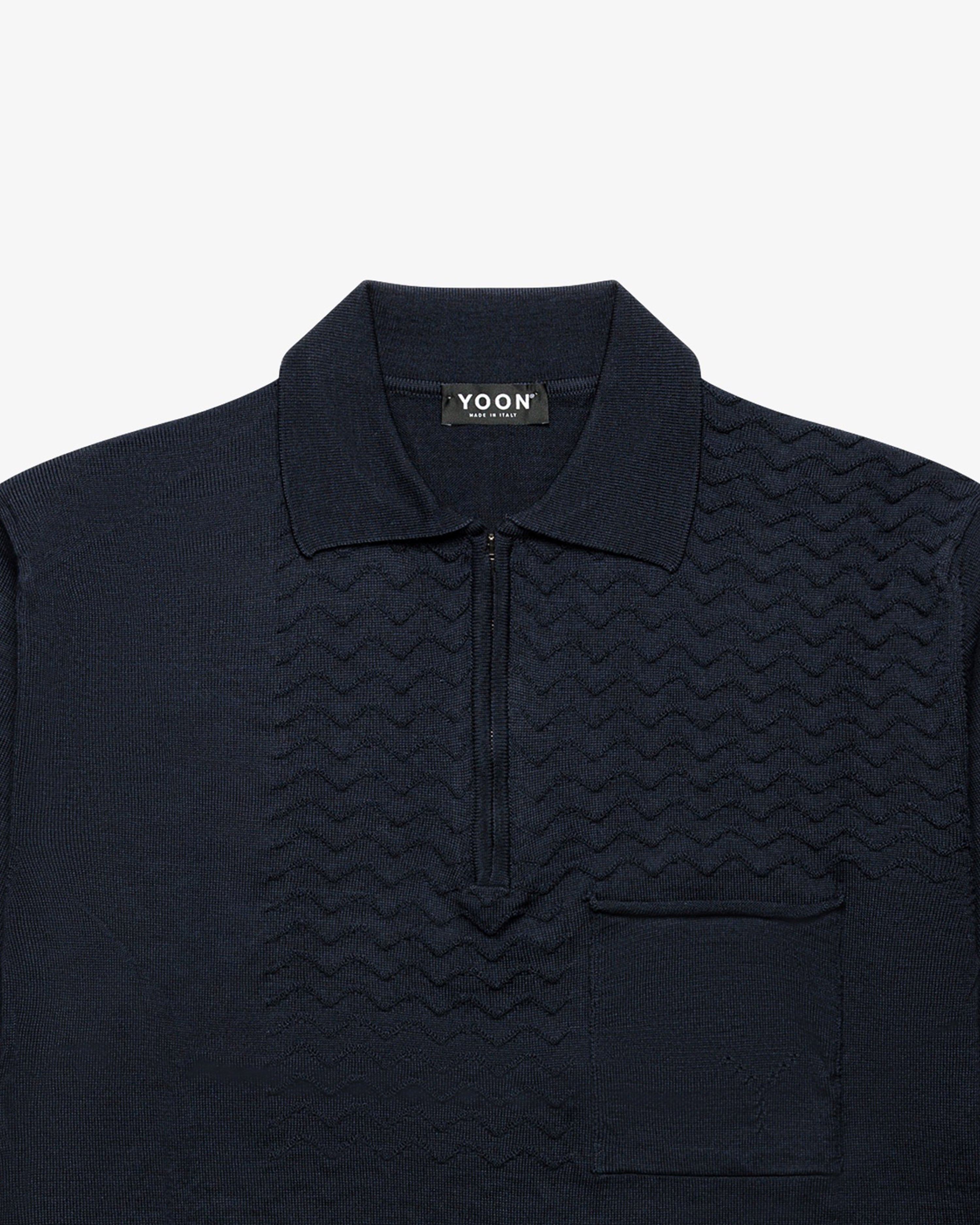 Blue Zip Wool Long-Sleeve Polo