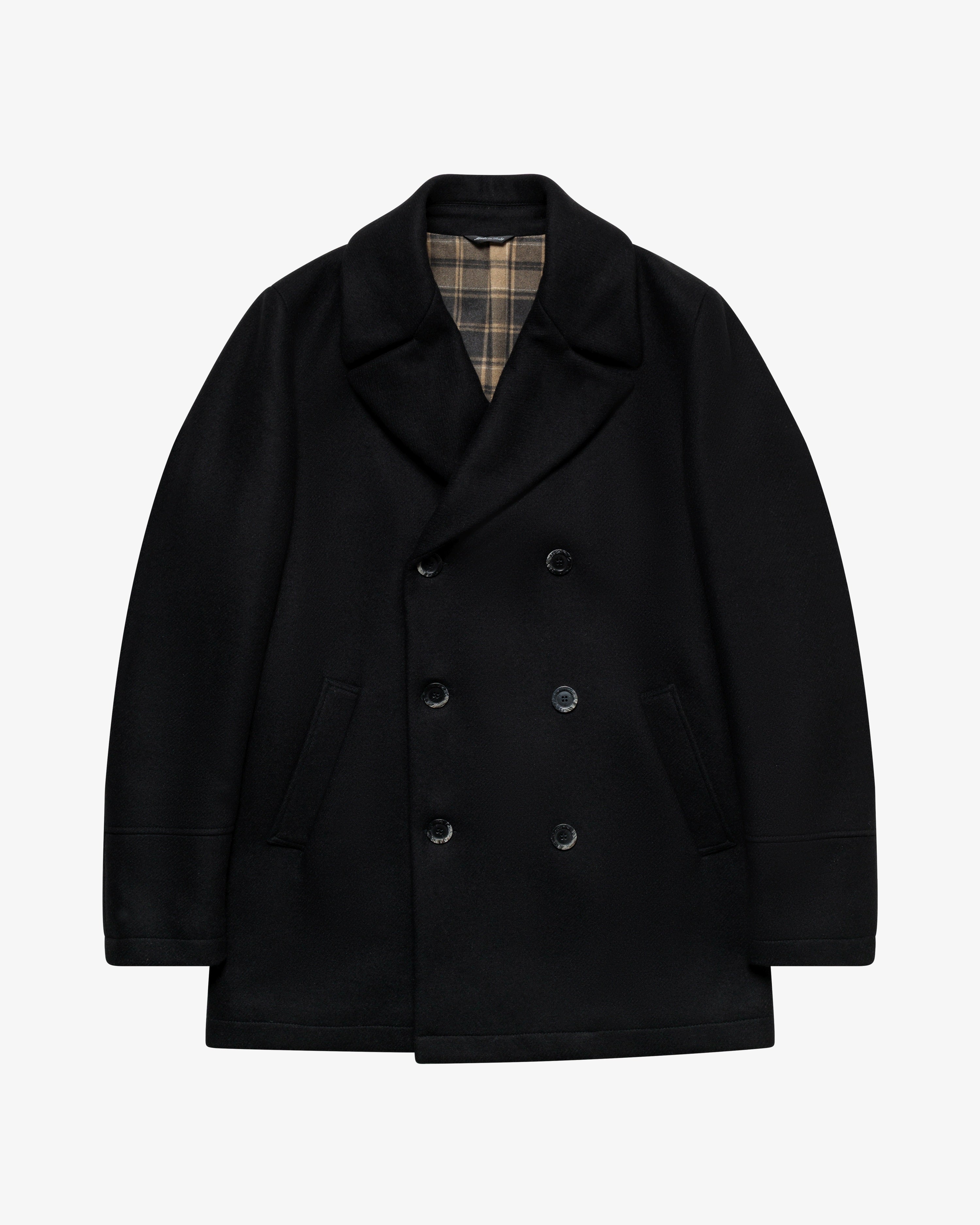 Black double-breasted wool peacoat