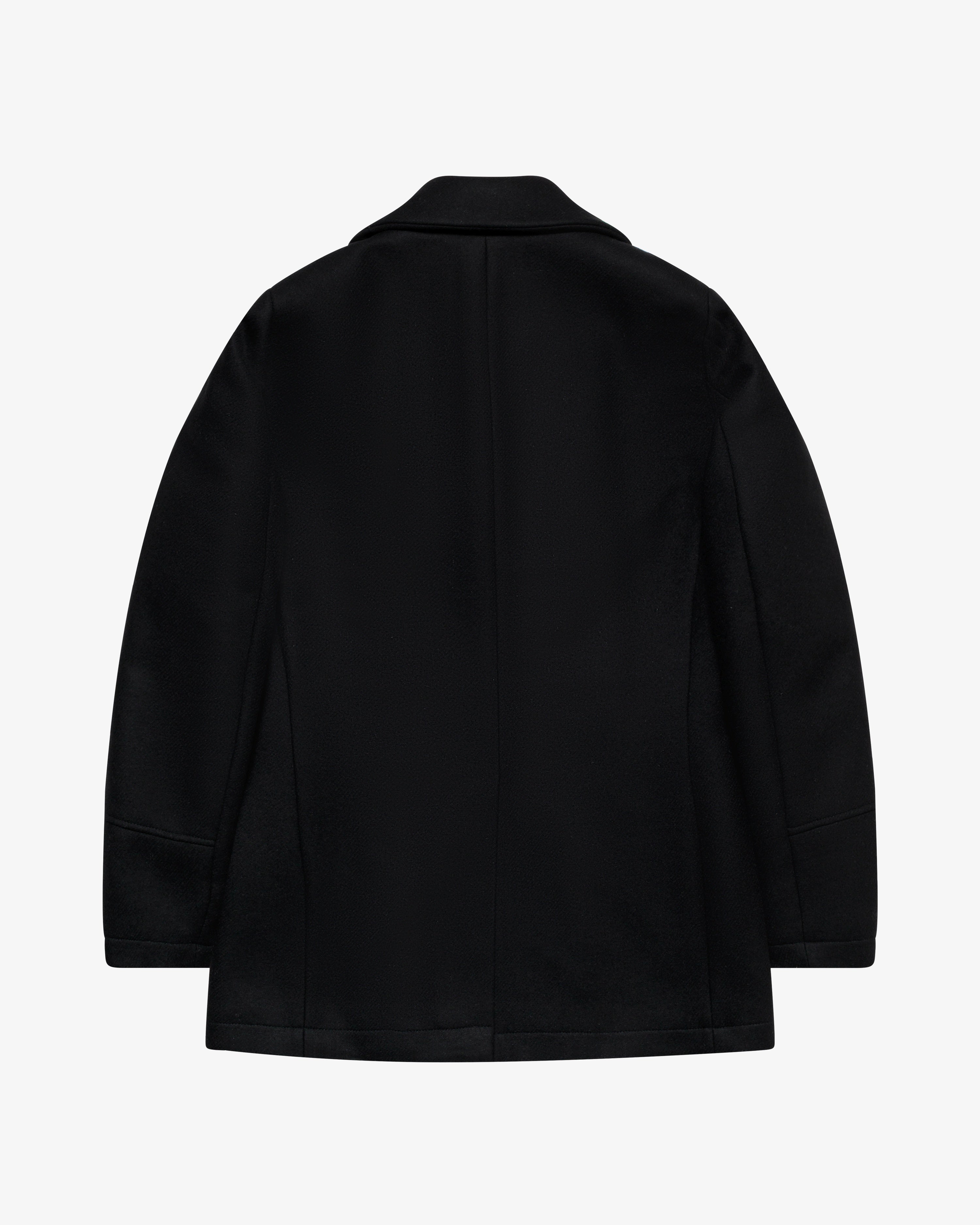 Black double-breasted wool peacoat