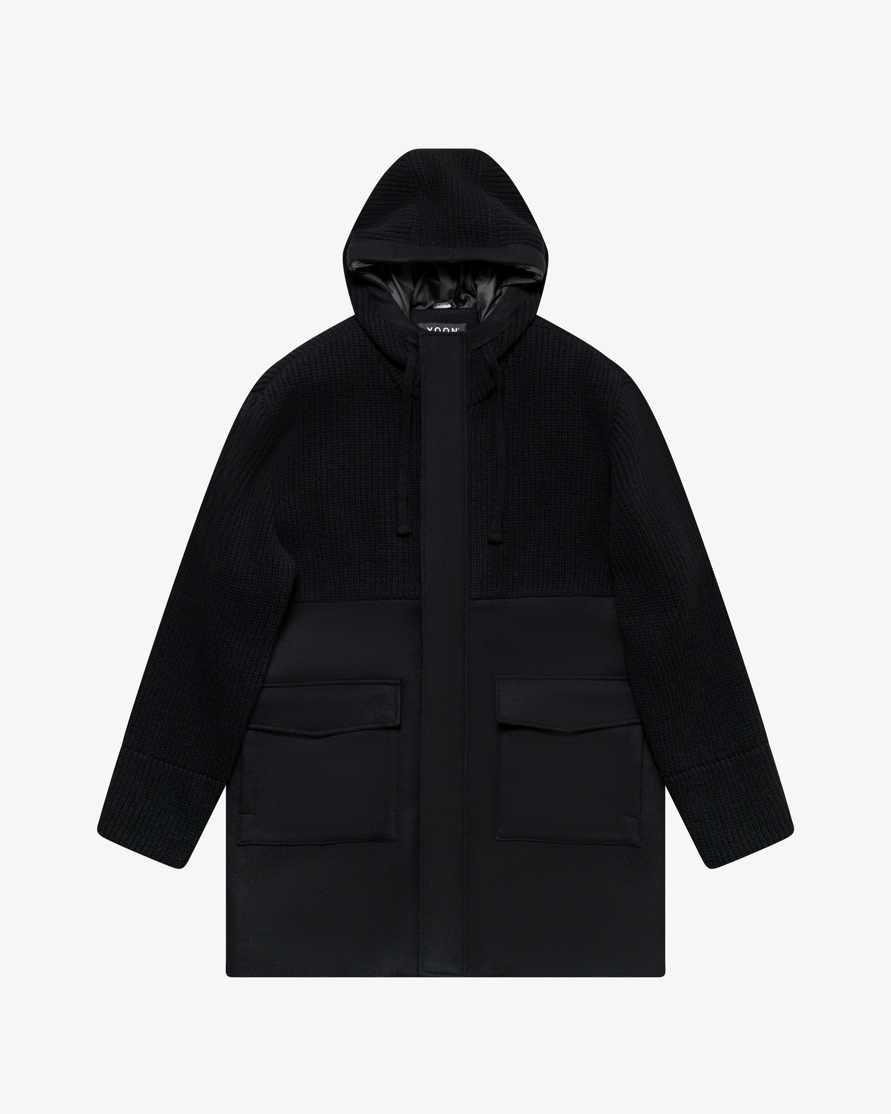 Black wool coat with hood