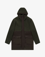 Military green wool coat with hood