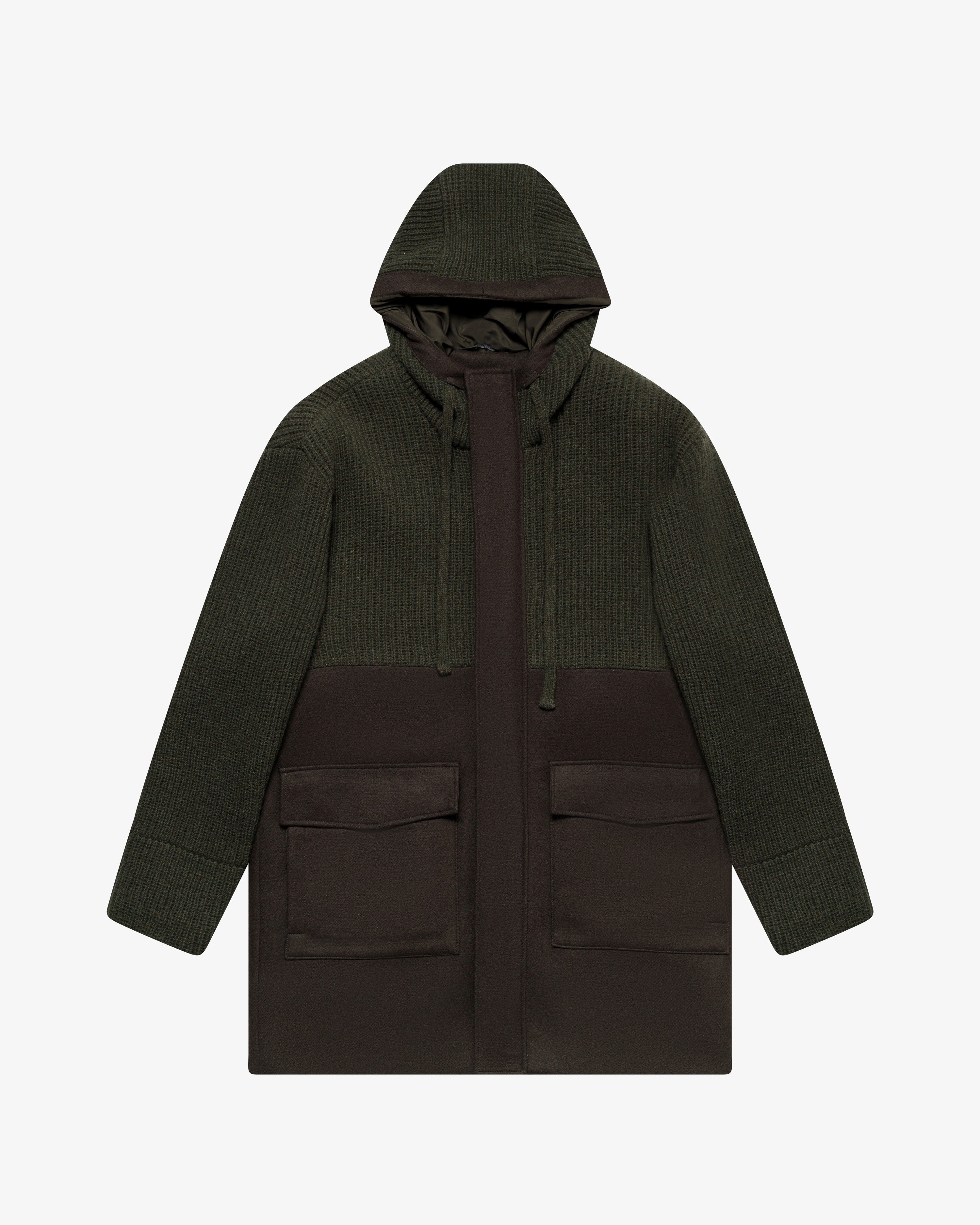 Military green wool coat with hood