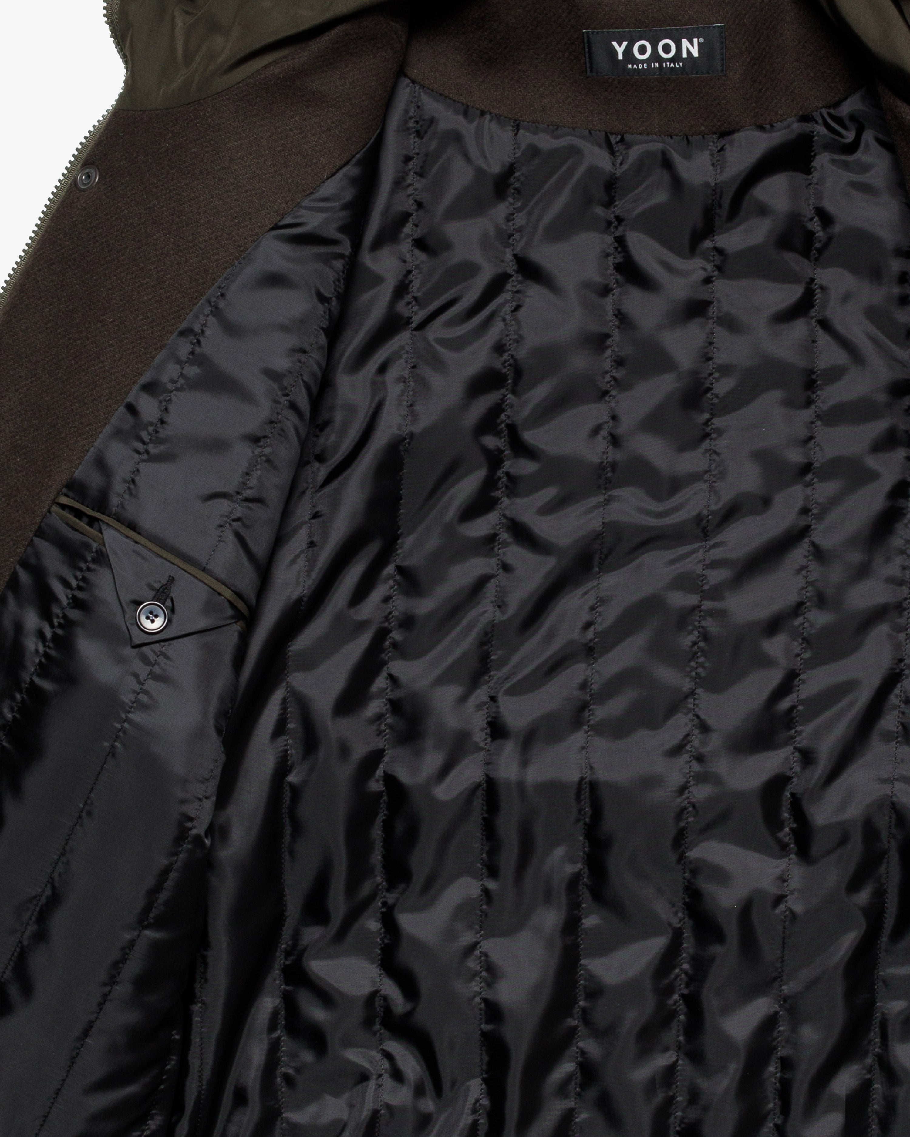 Military green wool coat with hood