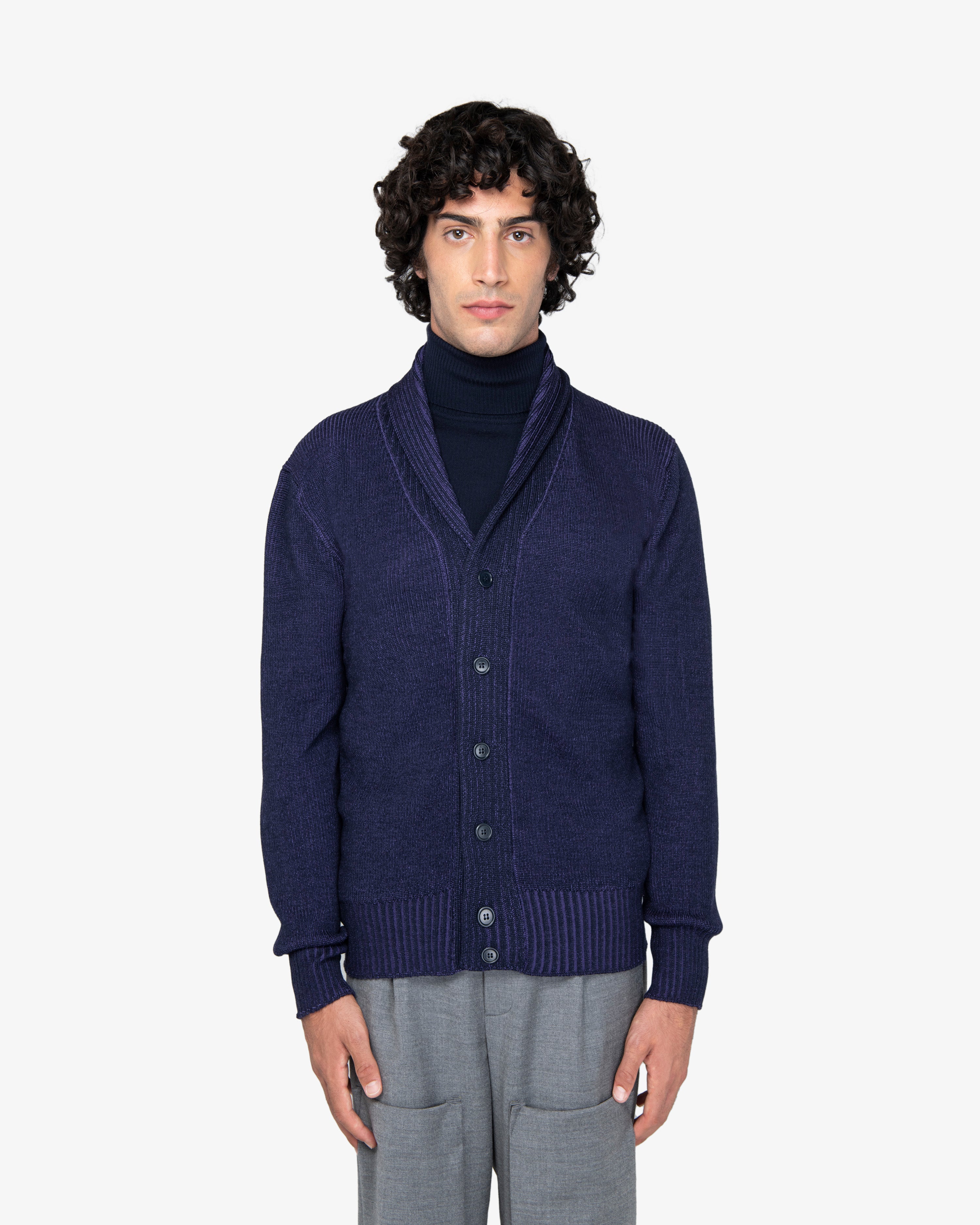 Cardigan a costa inglese in lana blu-viola