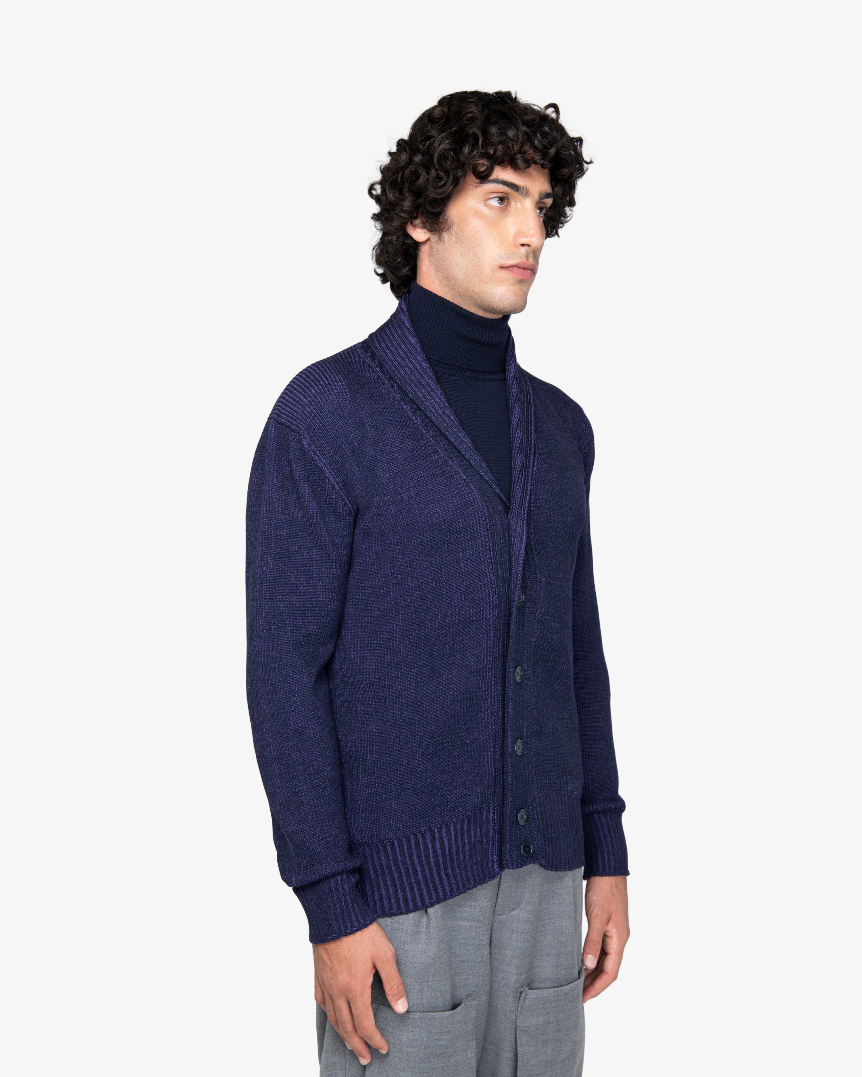 Cardigan a costa inglese in lana blu-viola