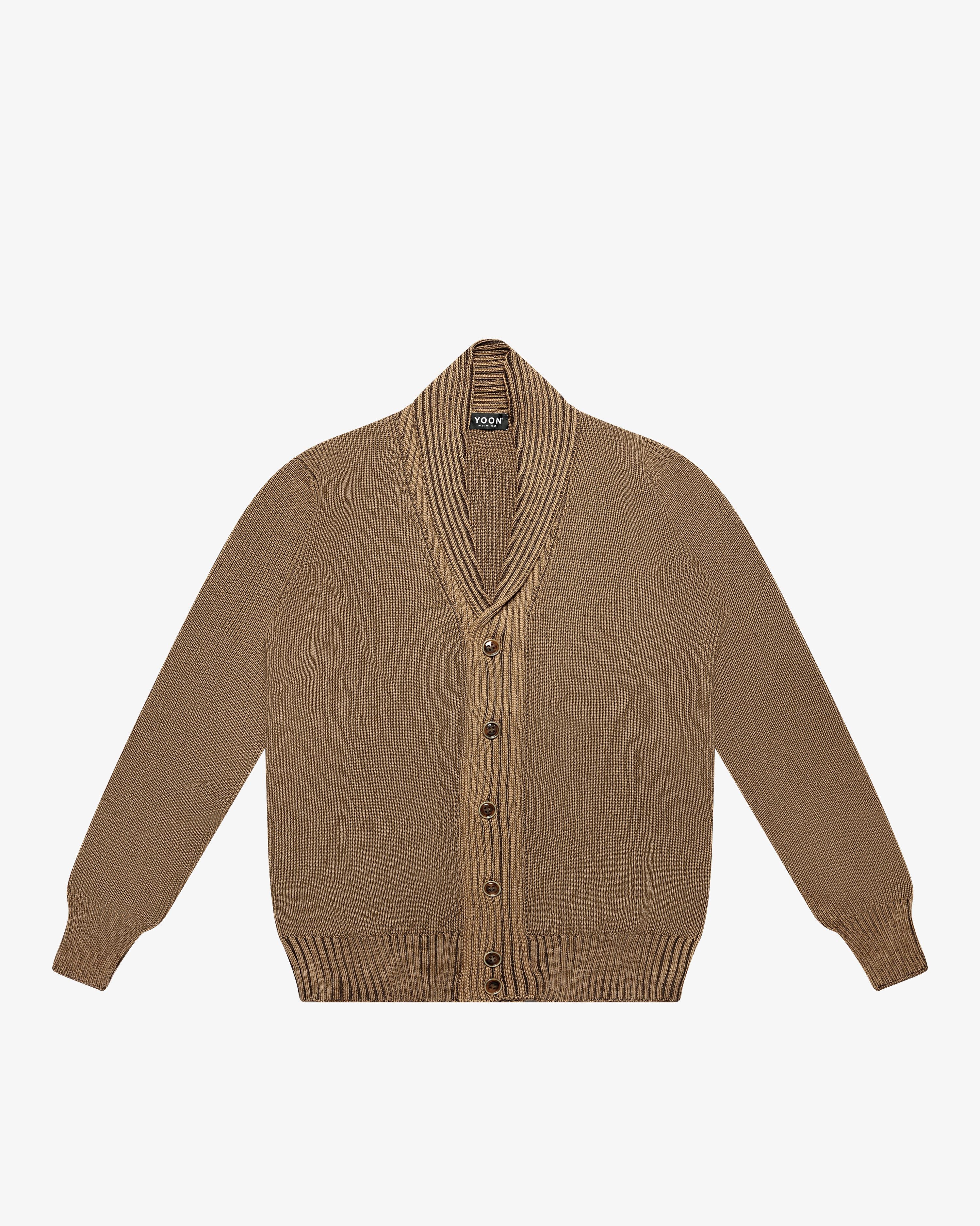 Camel-Brown Wool English Rib Cardigan