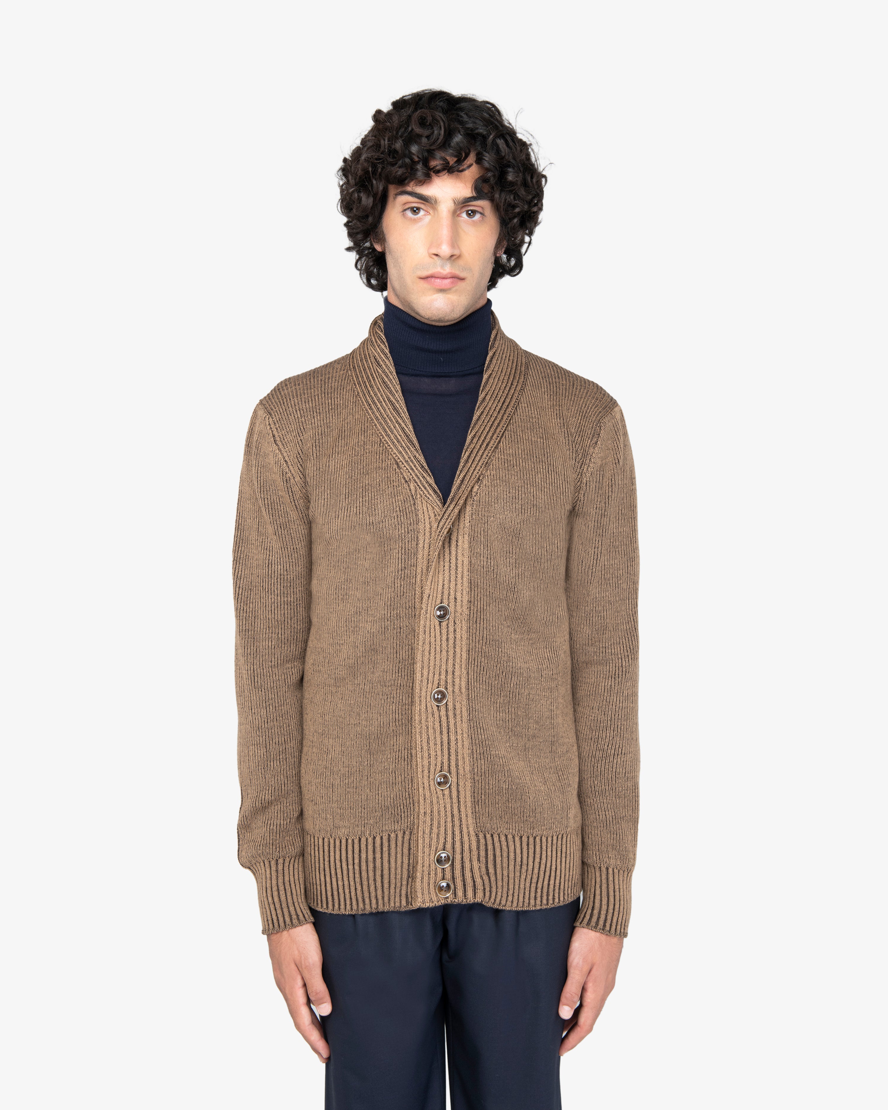 Cardigan a costa inglese in lana cammello-marrone