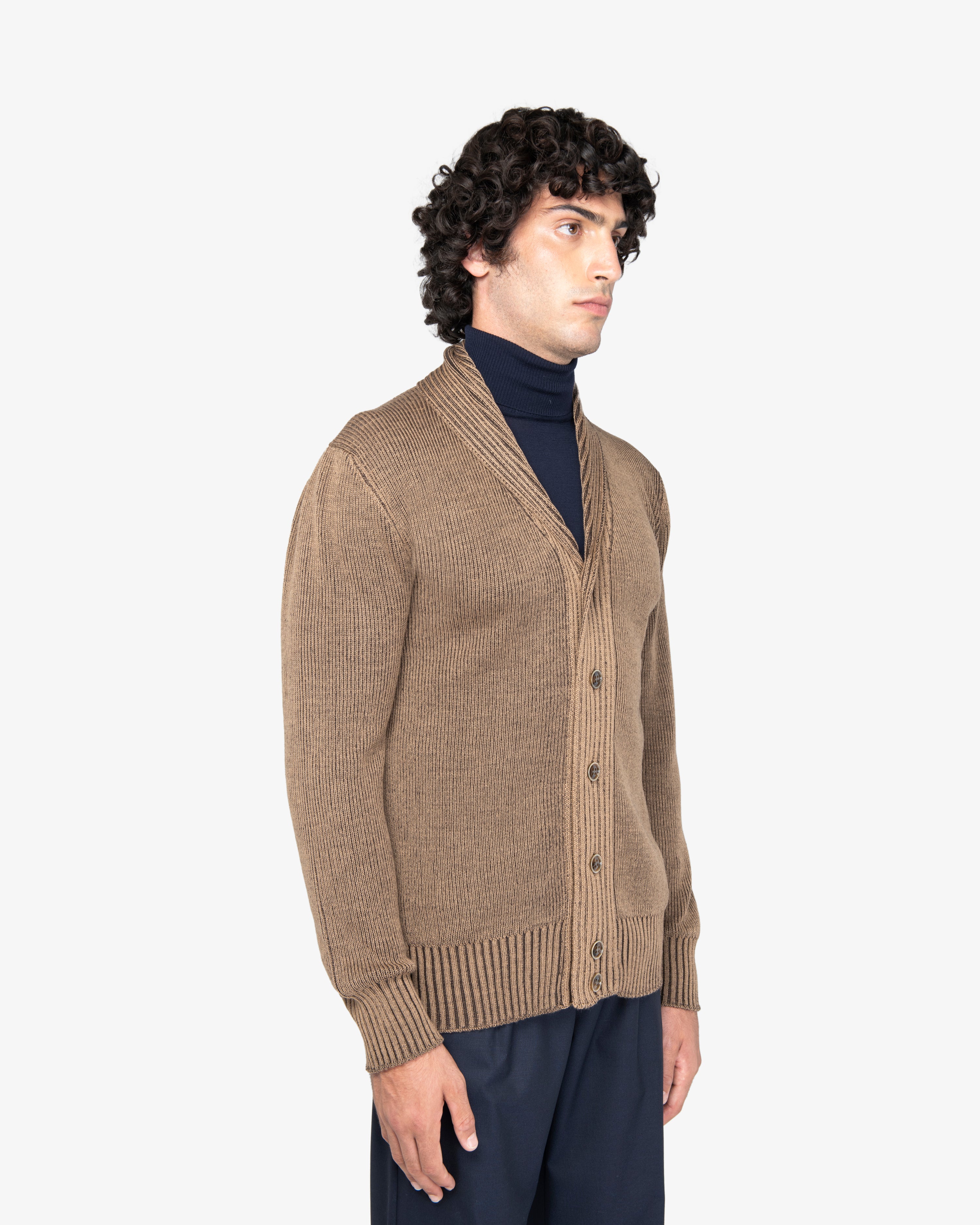 Cardigan a costa inglese in lana cammello-marrone