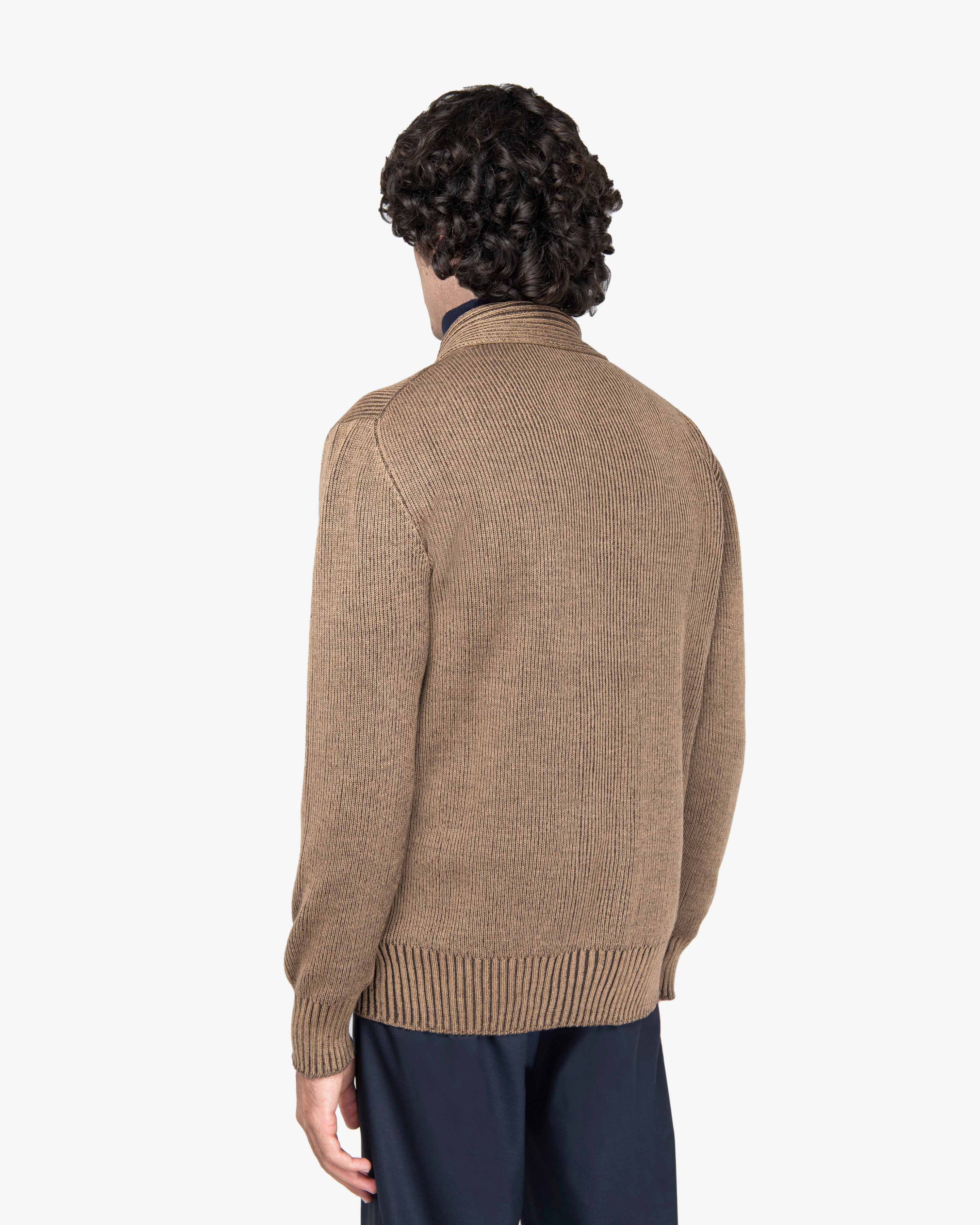 Cardigan a costa inglese in lana cammello-marrone