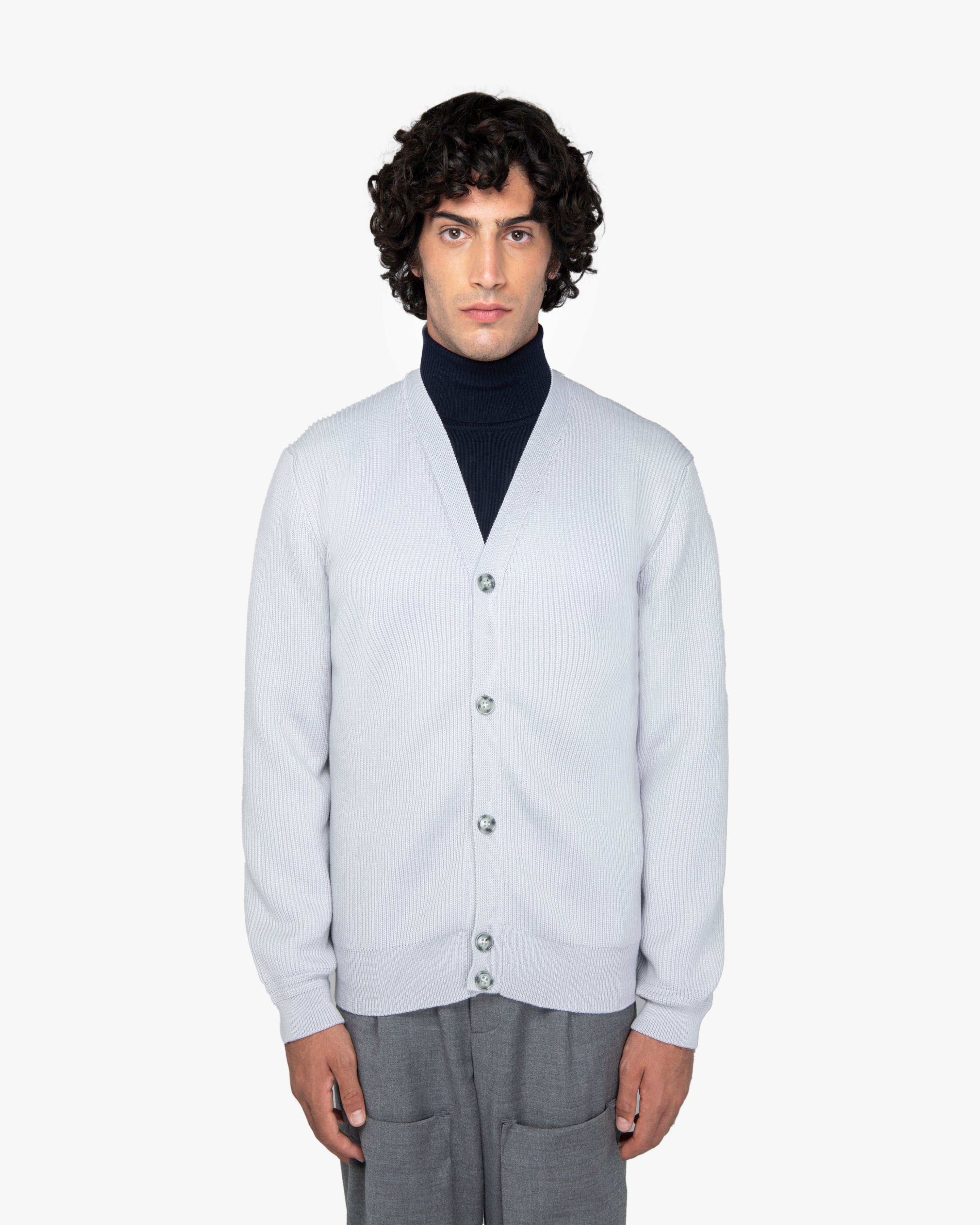 Cardigan a costa inglese in lana grigio perla