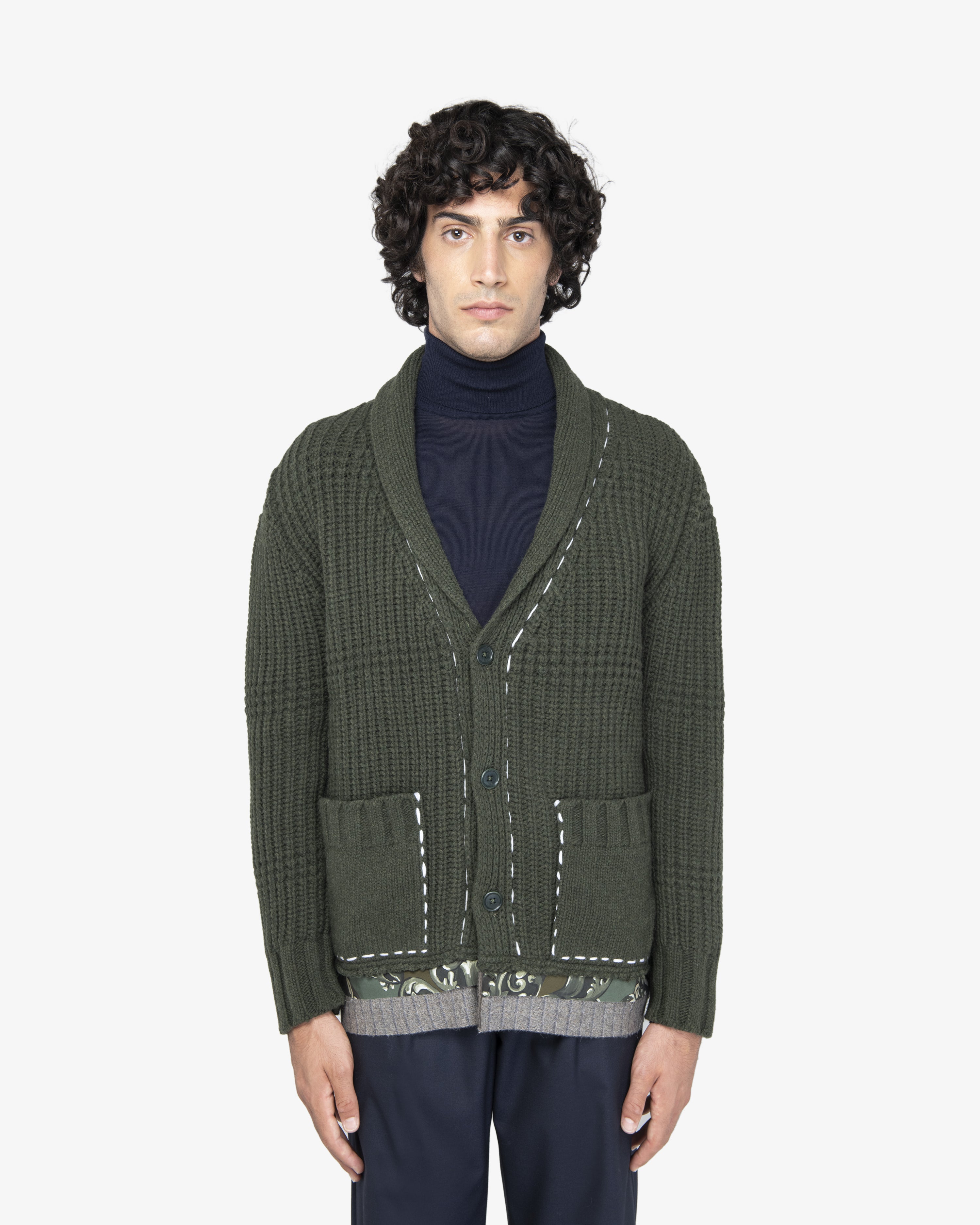 Cardigan a costa inglese in lana verde militare