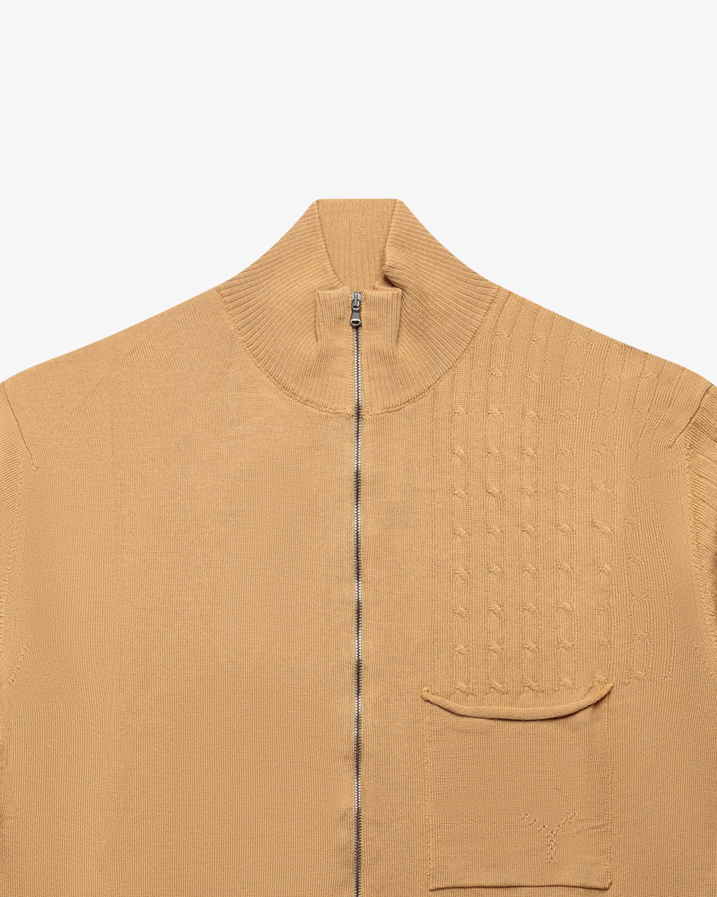 Camel Full-Zip Sweater with Patch Pocket