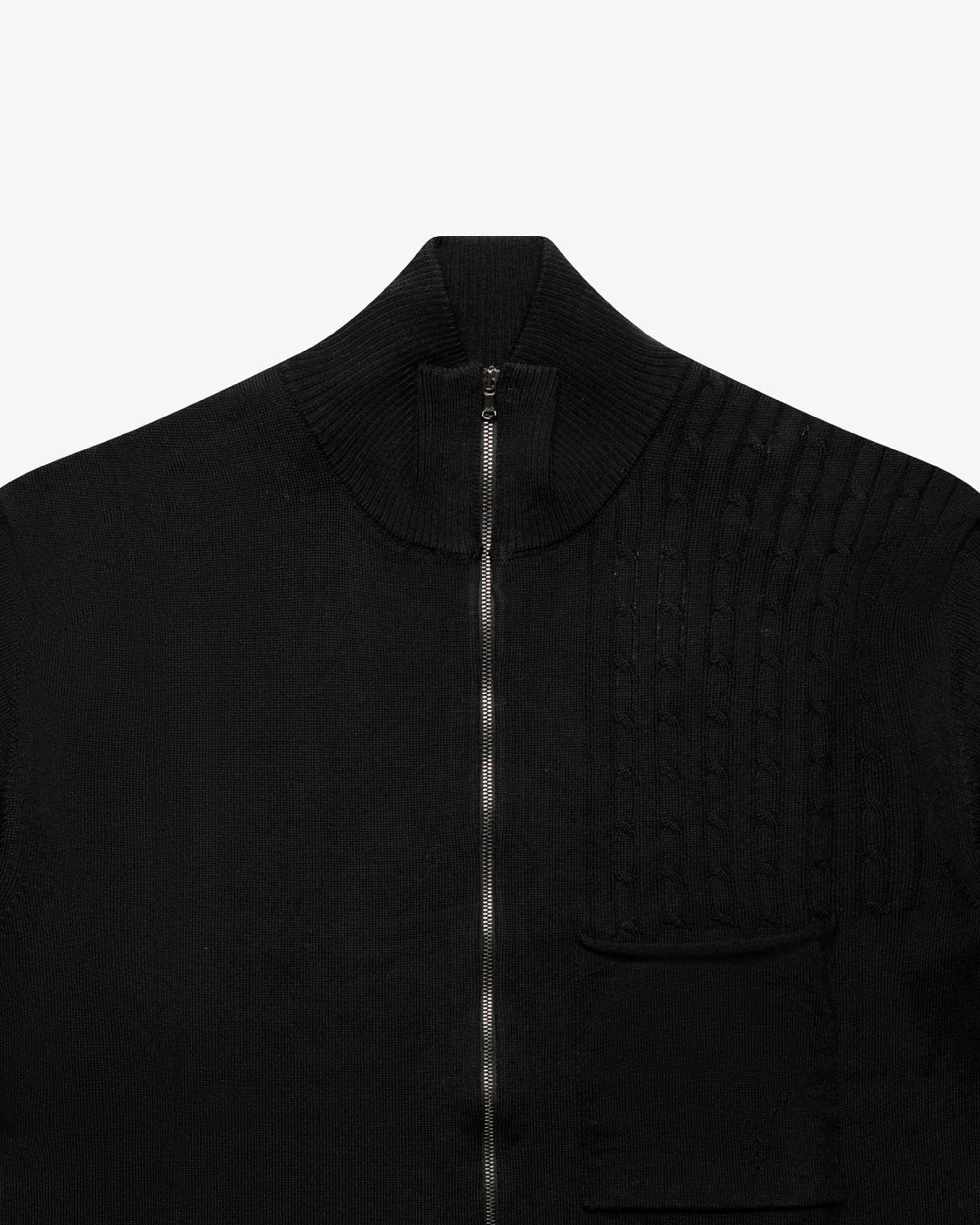 Black Full-Zip Sweater with Patch Pocket