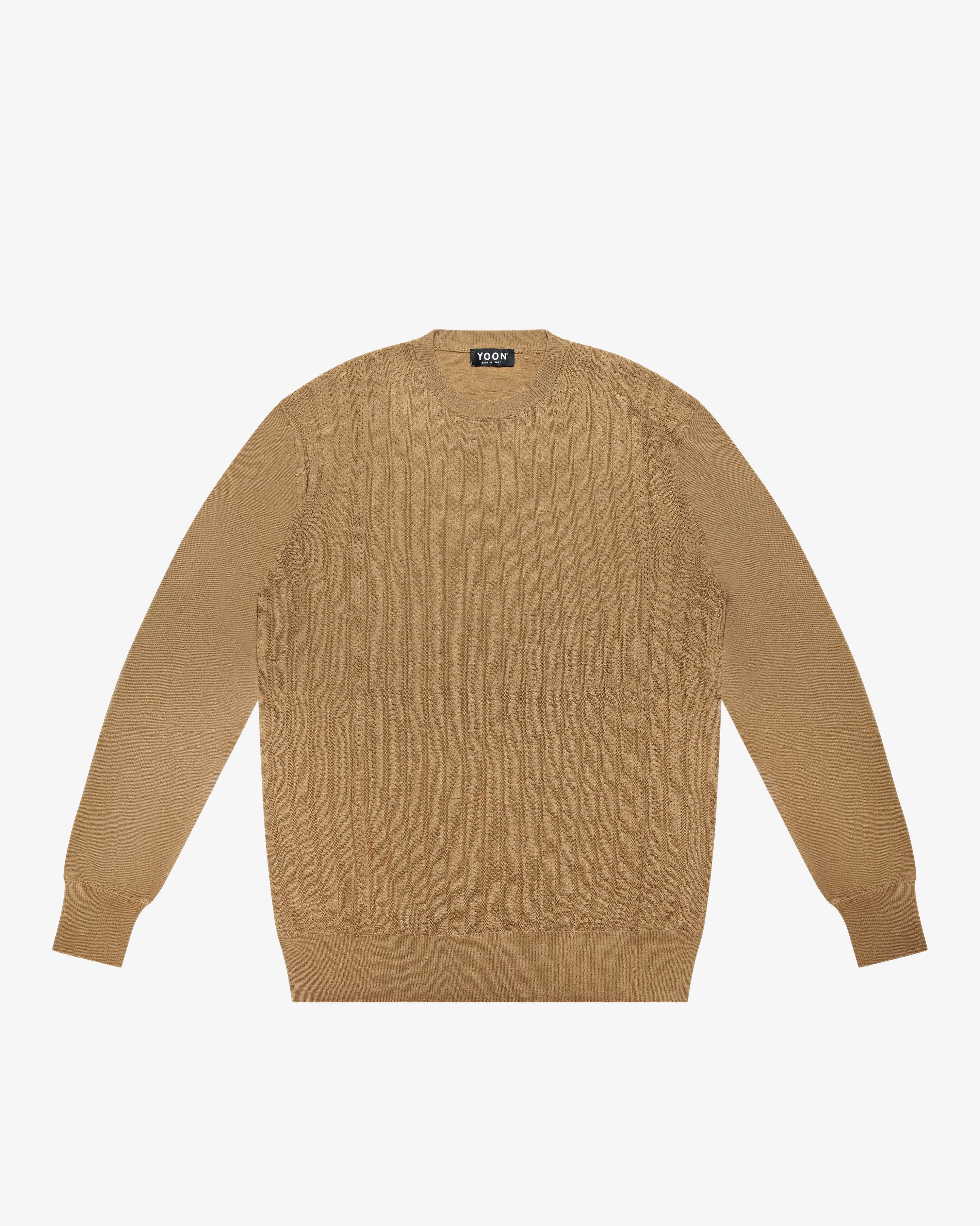 Camel Openwork Crewneck Sweater