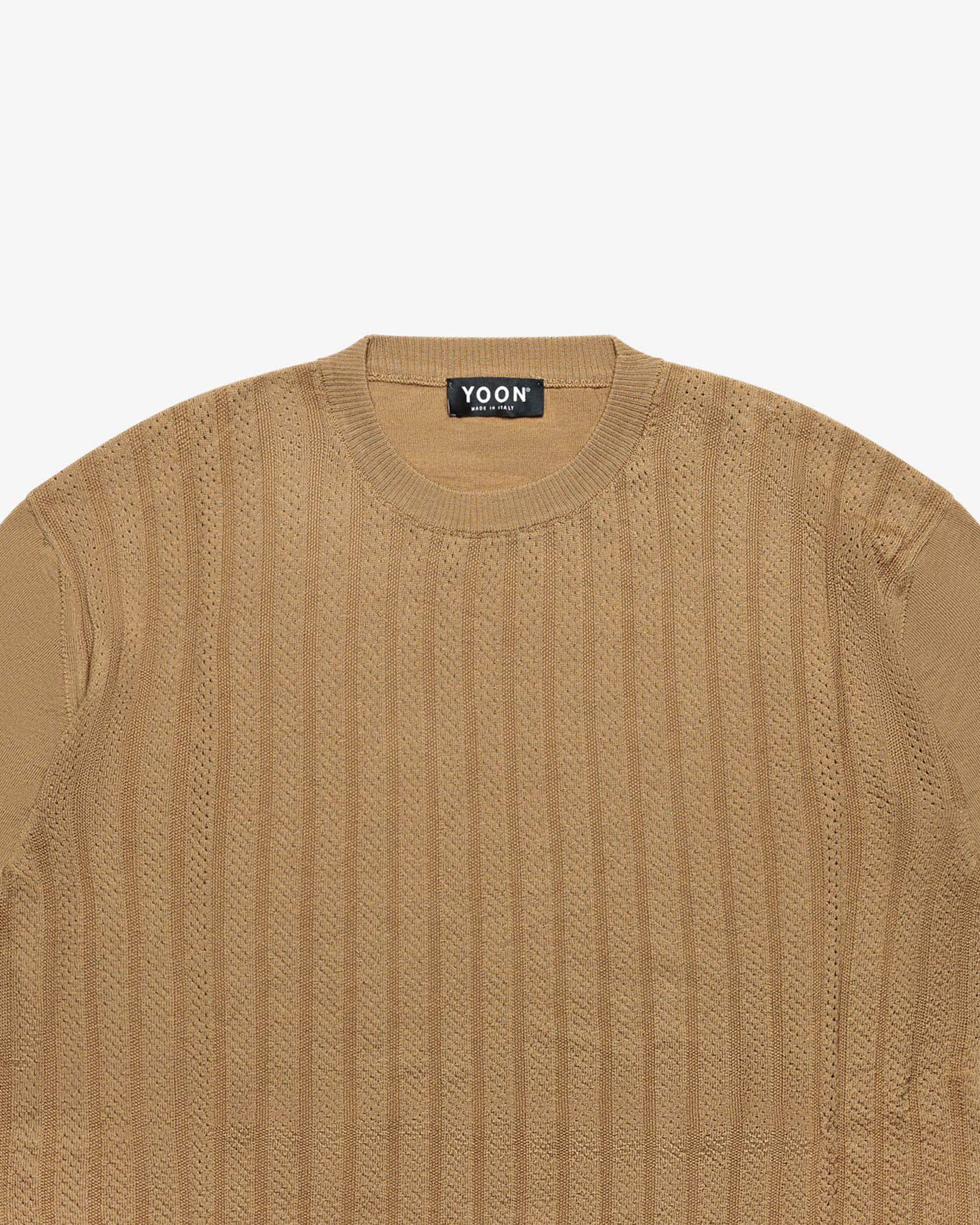 Camel Openwork Crewneck Sweater