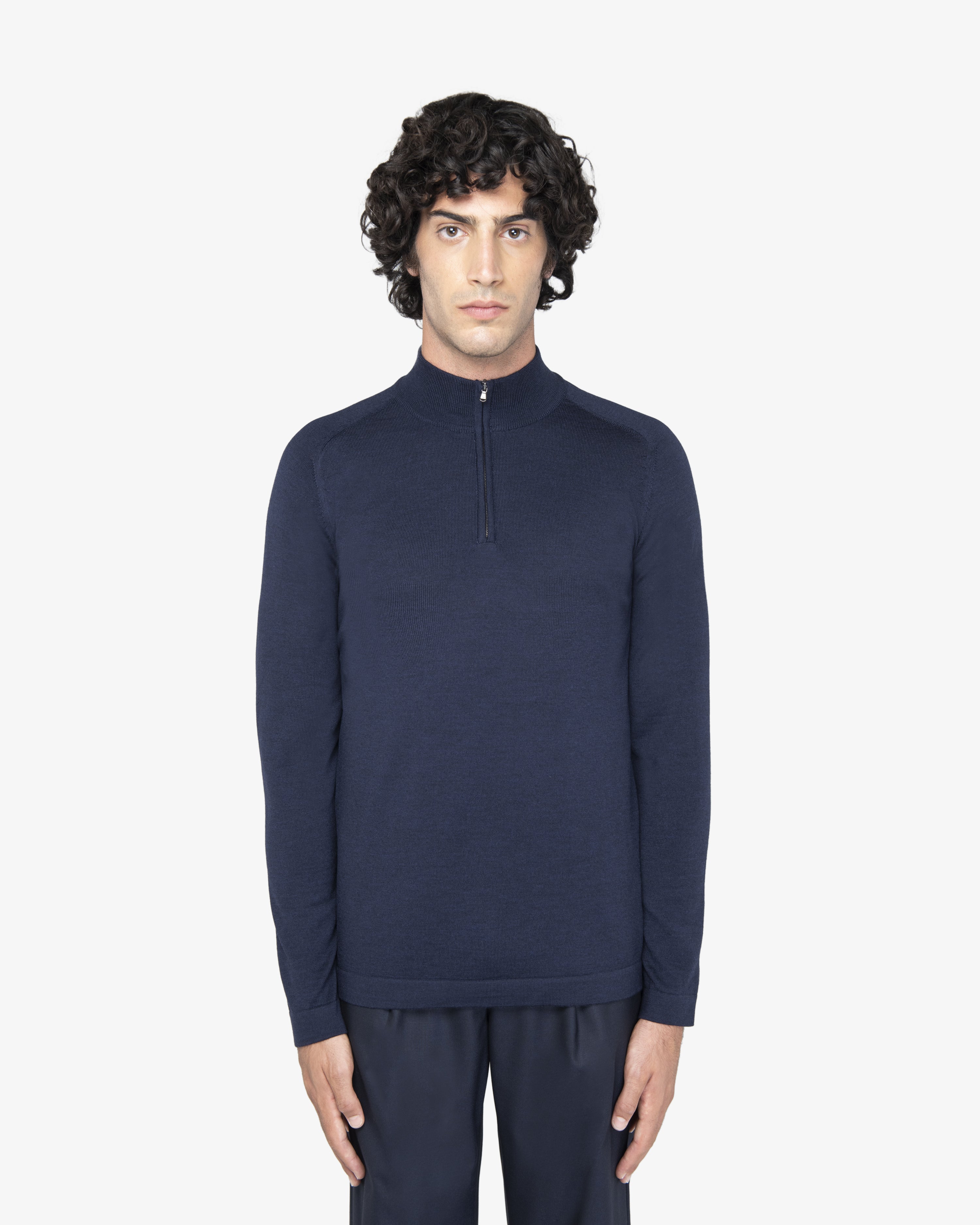 Maglia lupetto con zip in lana blu melange