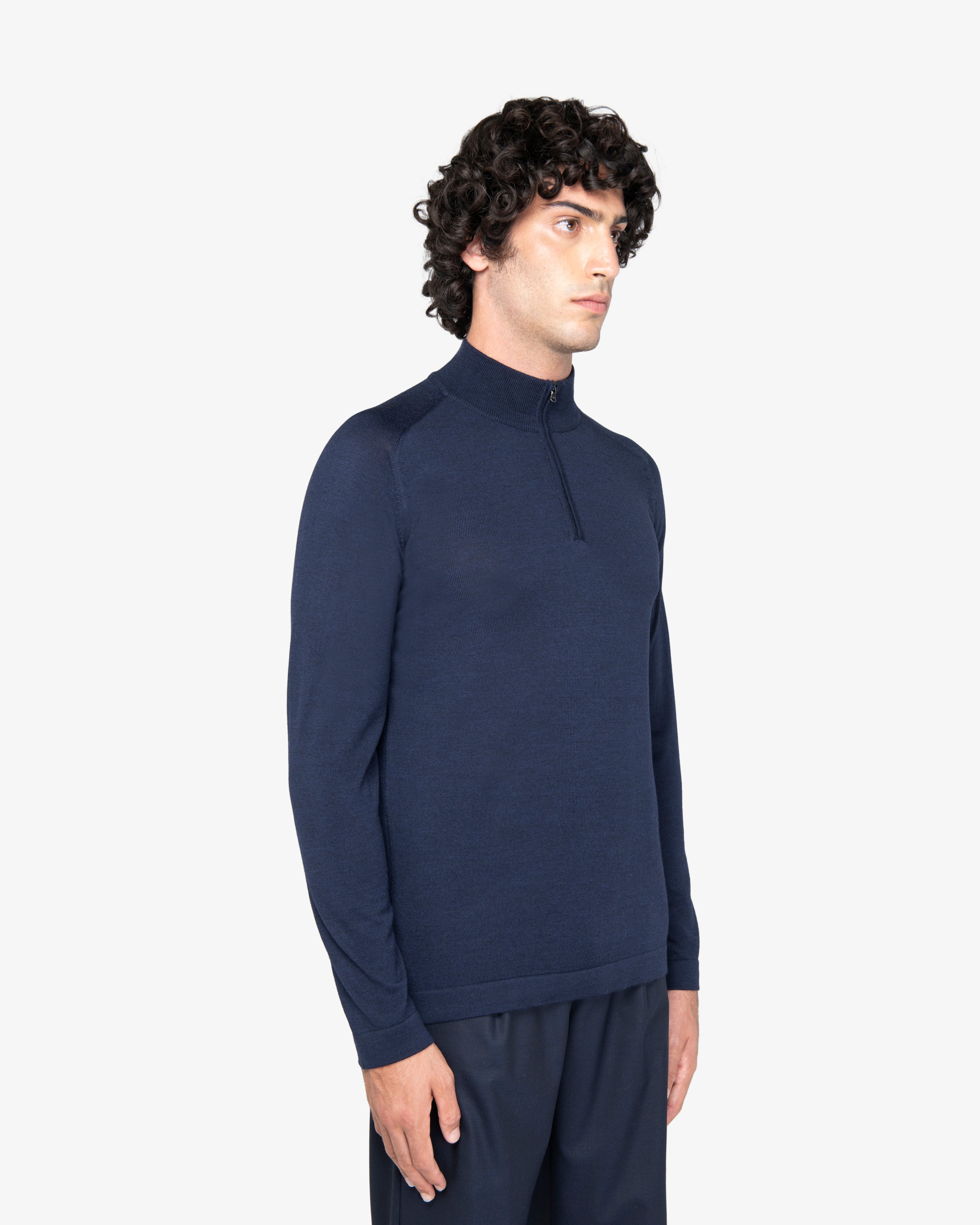 Maglia lupetto con zip in lana blu melange