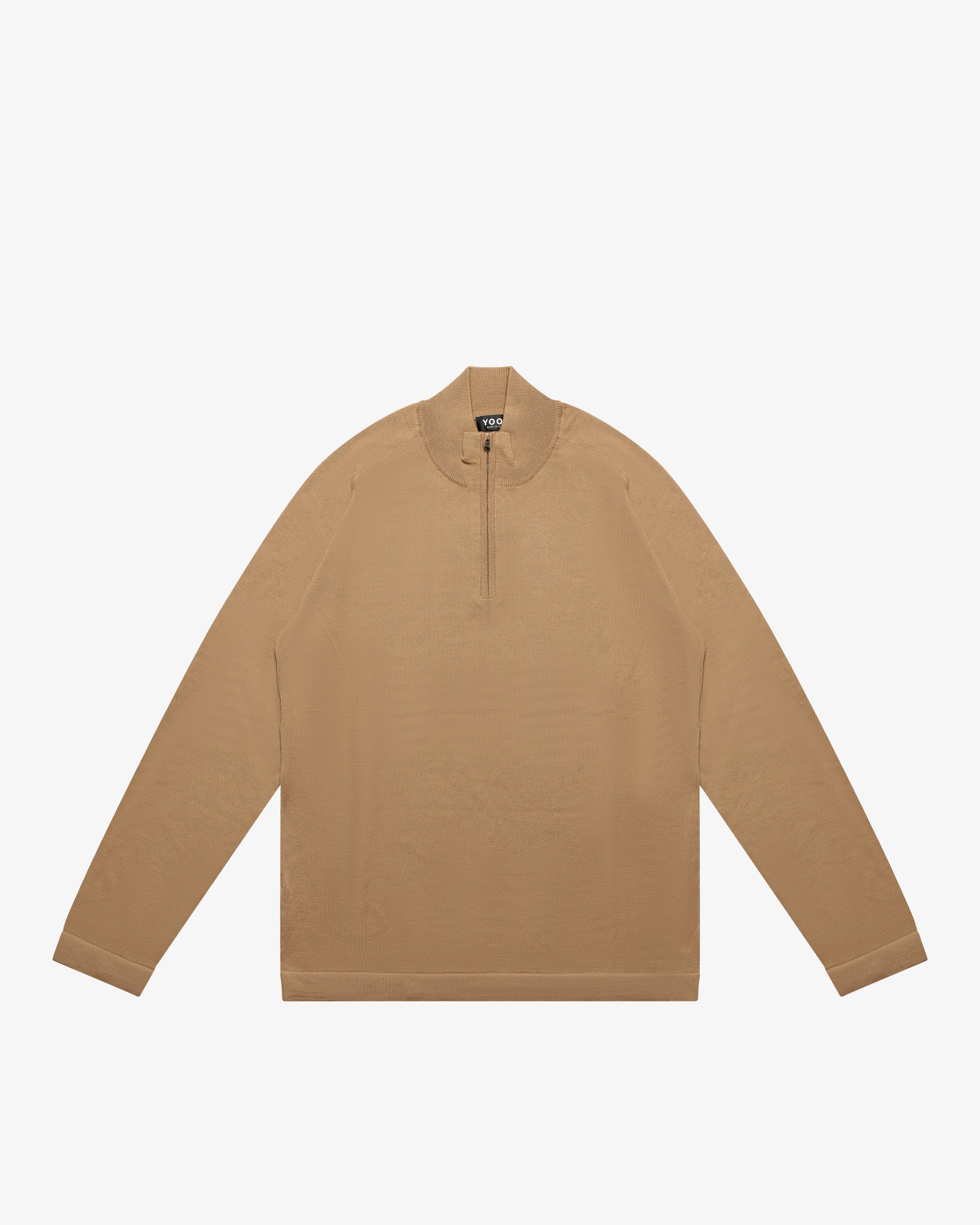 Camel Wool Zip Mock Neck Sweater