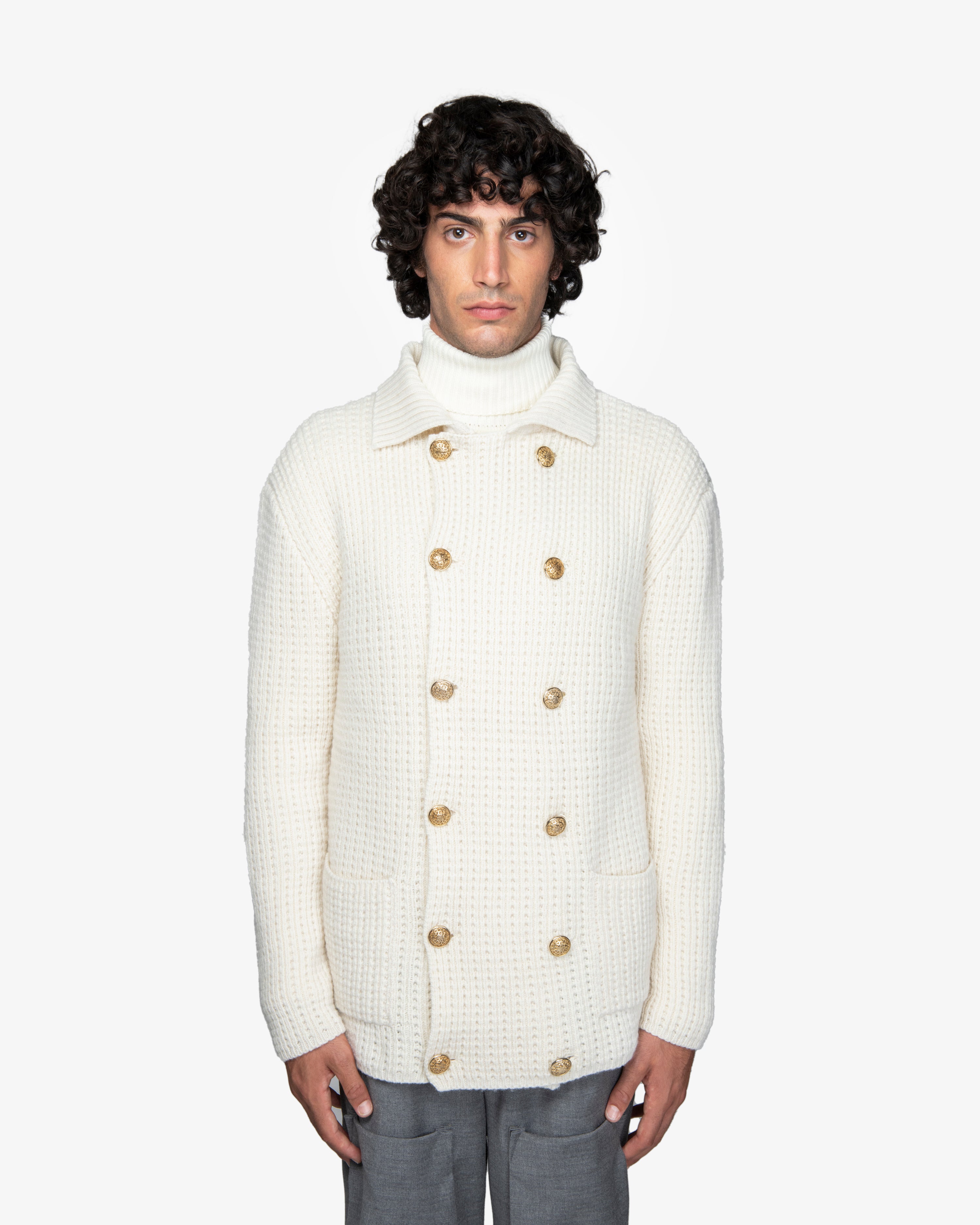 Maglione cardigan doppio petto in lana bianco