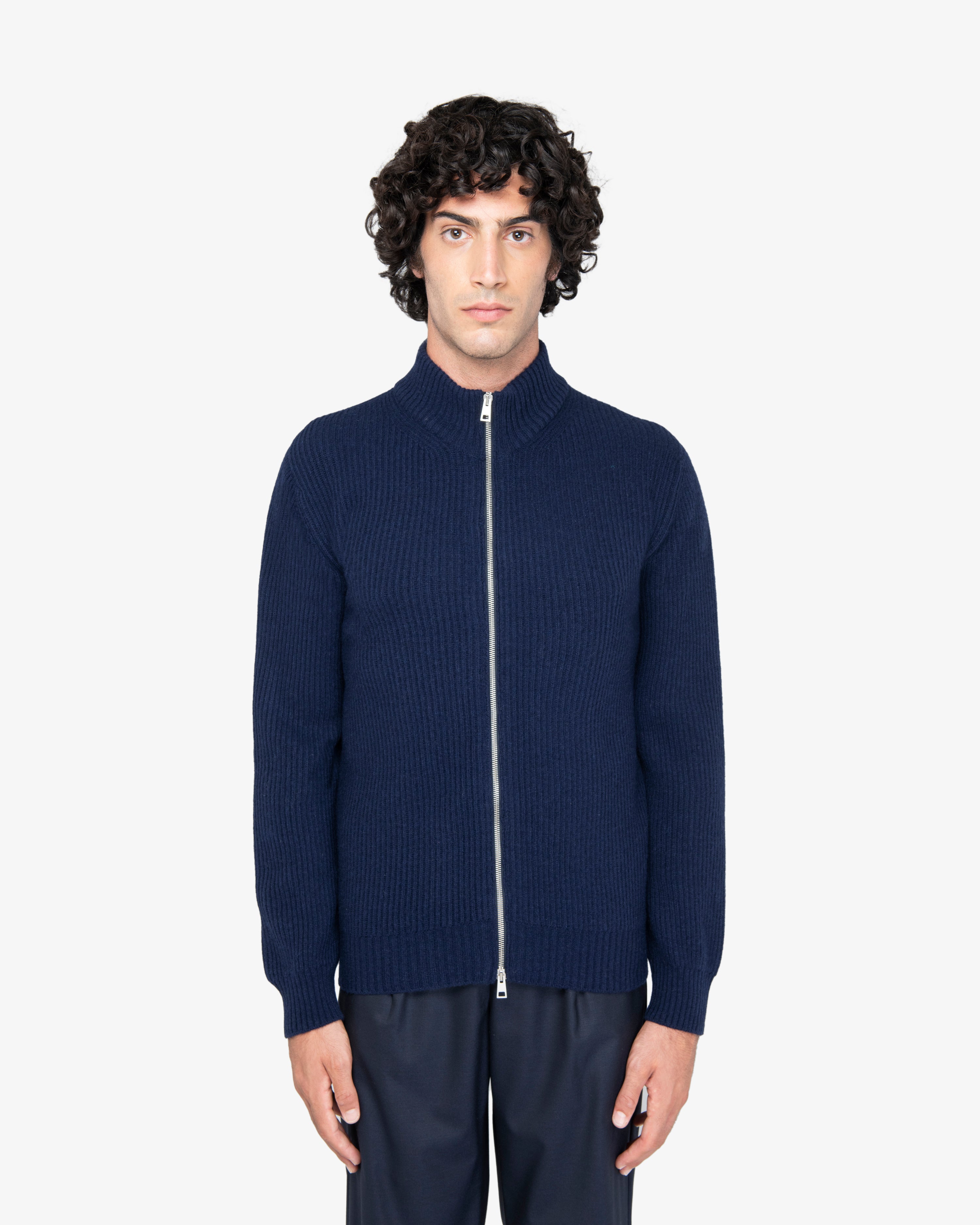Blue English Rib Full-Zip Sweater