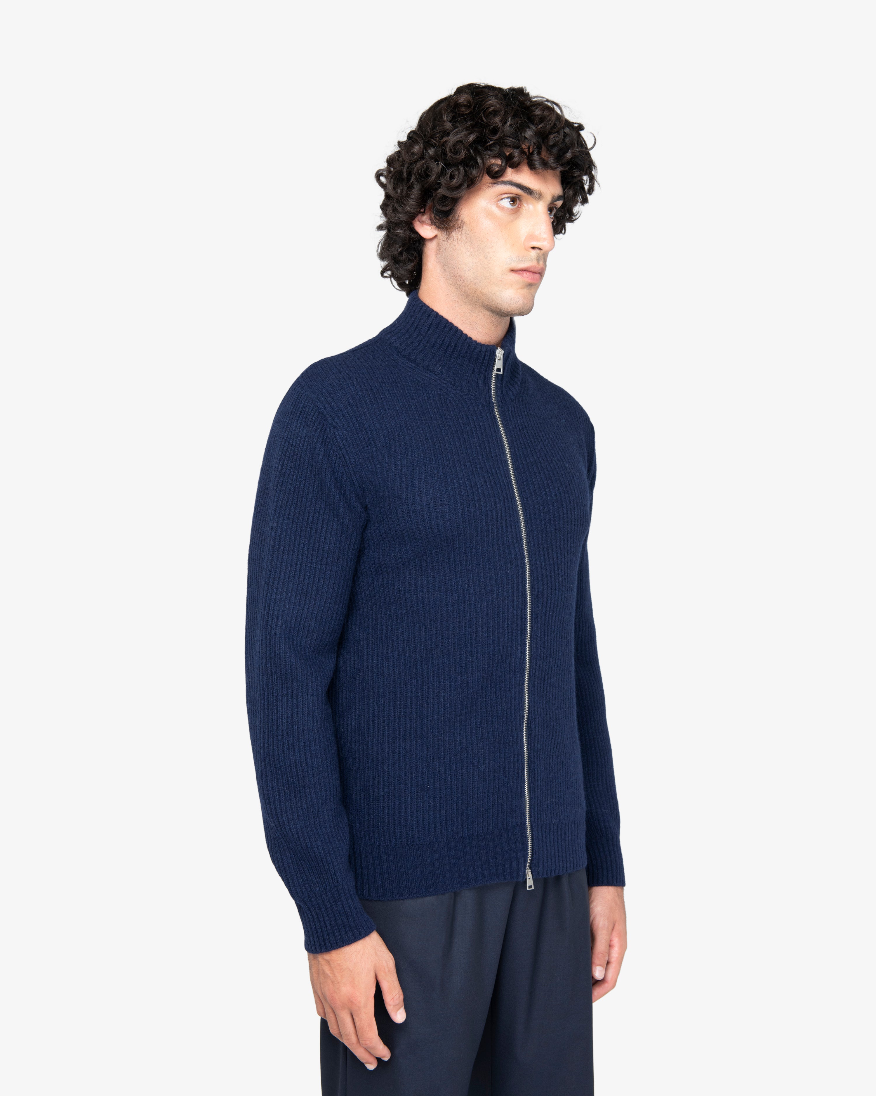 Blue English Rib Full-Zip Sweater