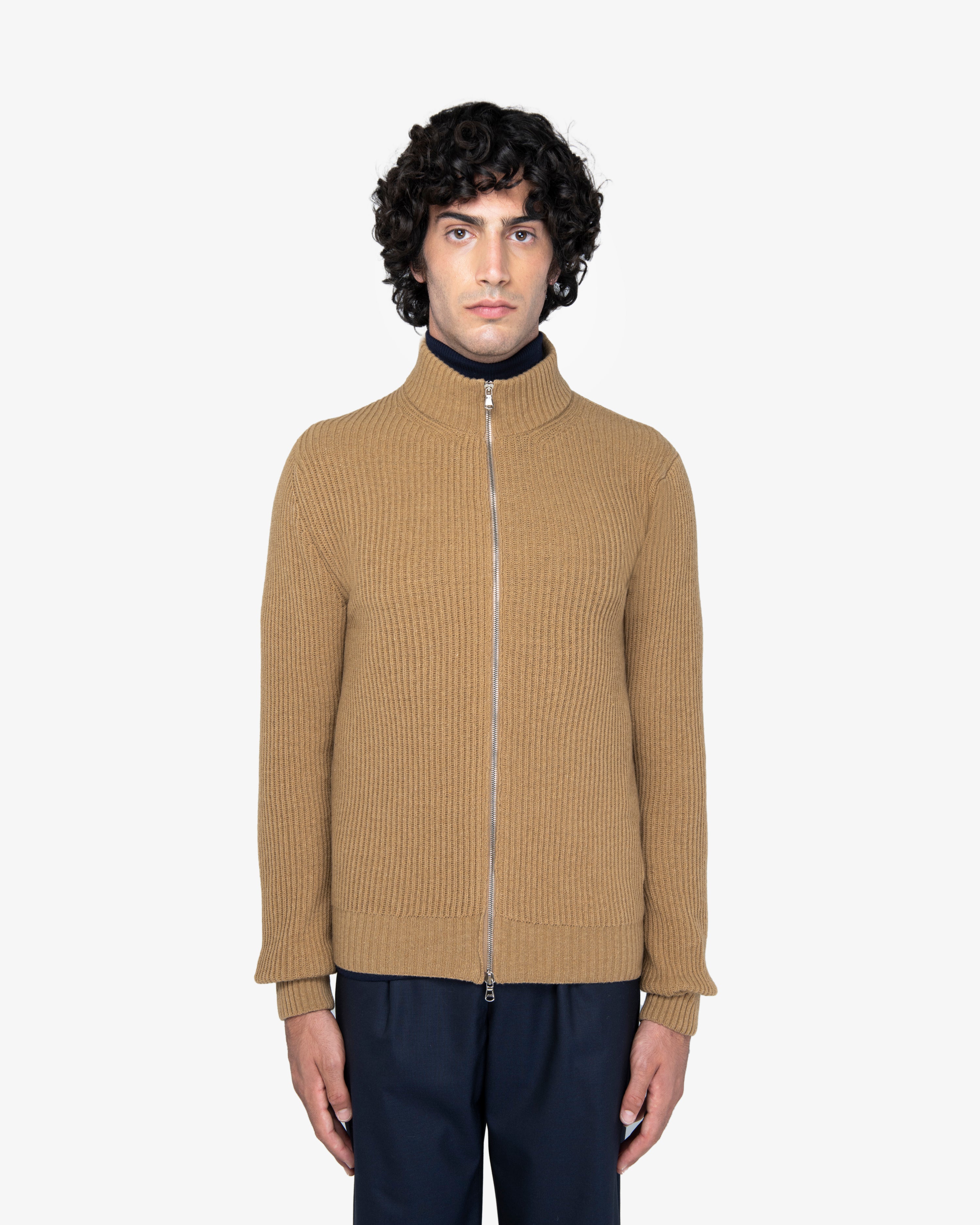 Camel English Rib Full-Zip Sweater