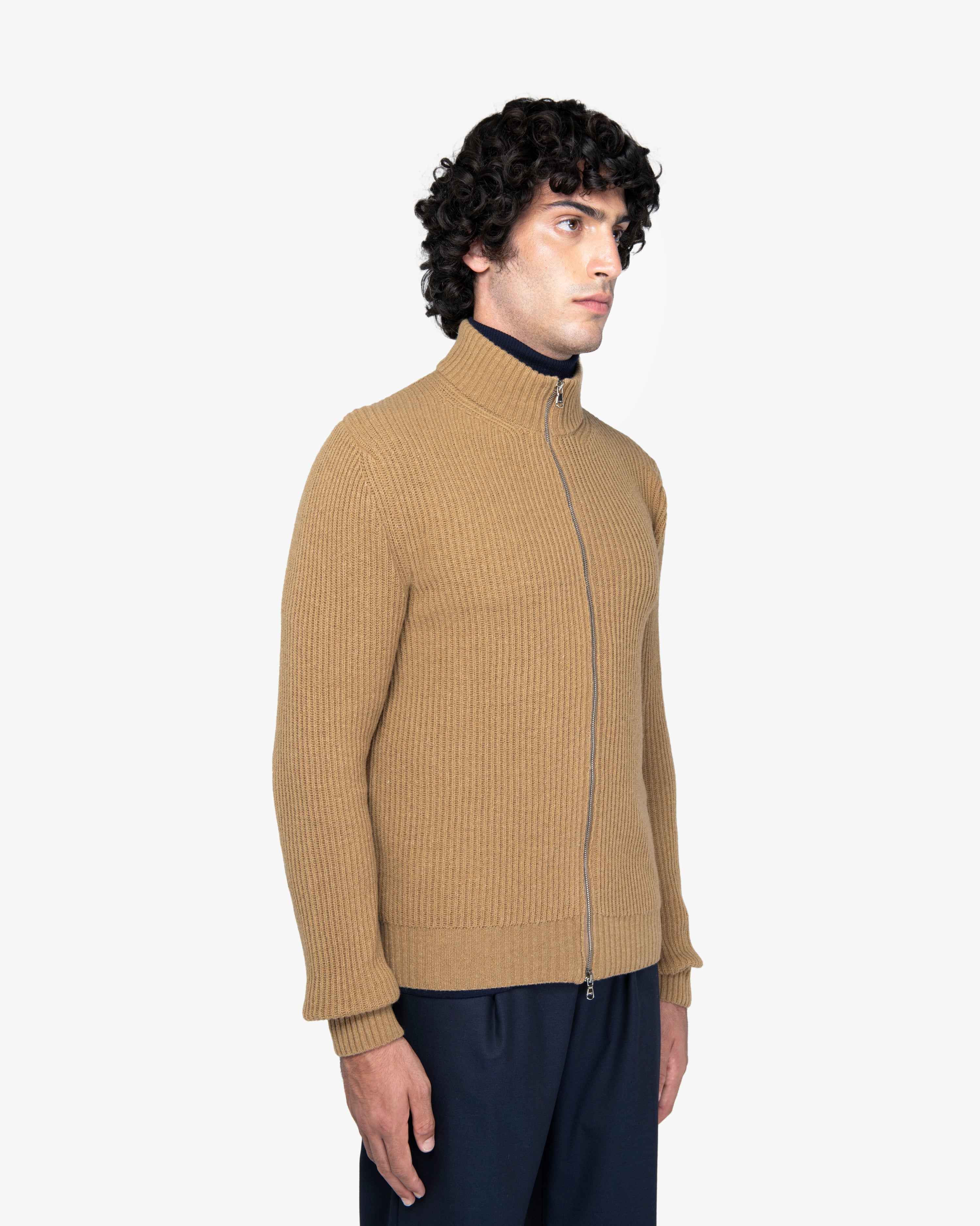 Camel English Rib Full-Zip Sweater