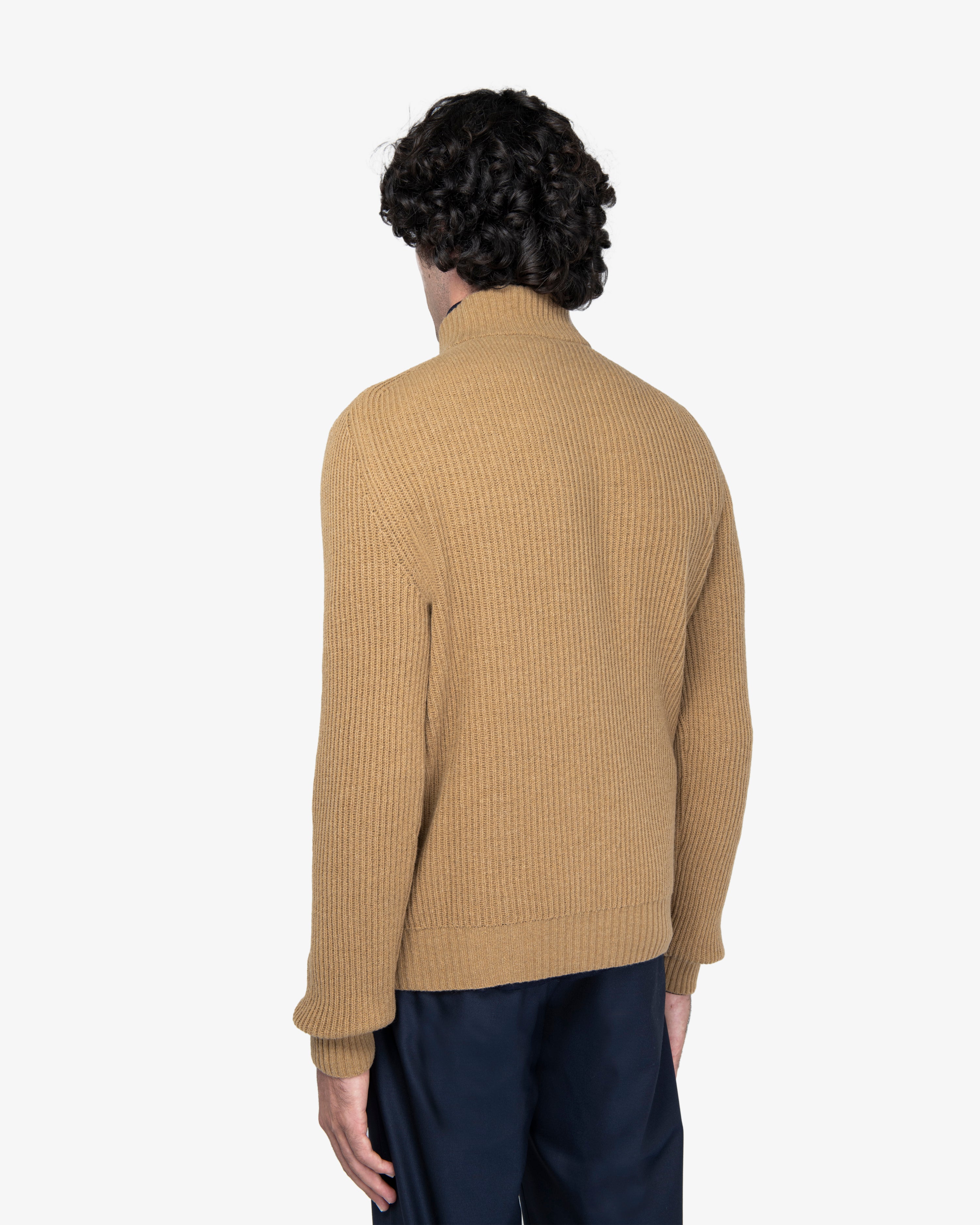 Camel English Rib Full-Zip Sweater