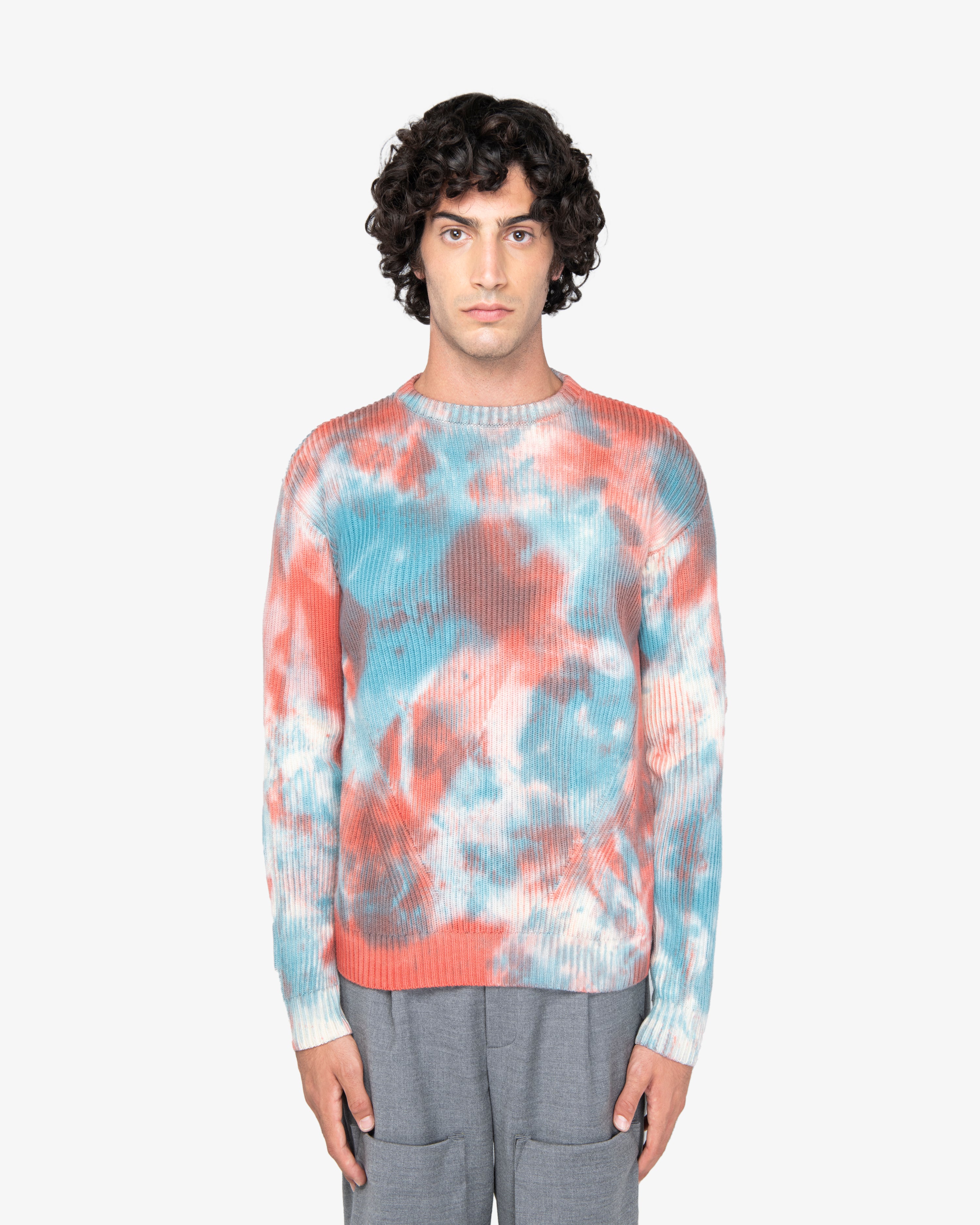 Maglione girocollo a costa inglese con trattamento handmade petrolio