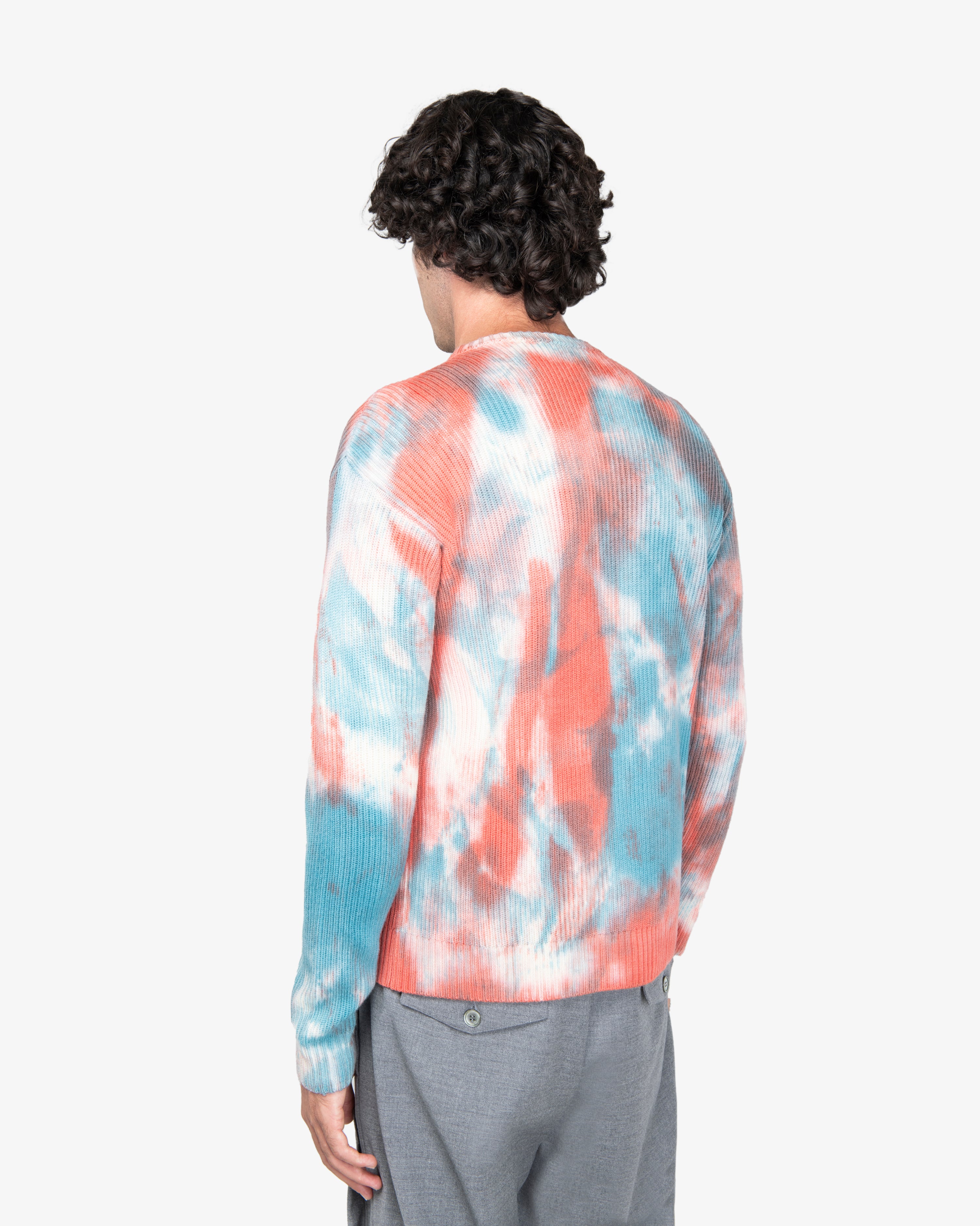 Maglione girocollo a costa inglese con trattamento handmade petrolio