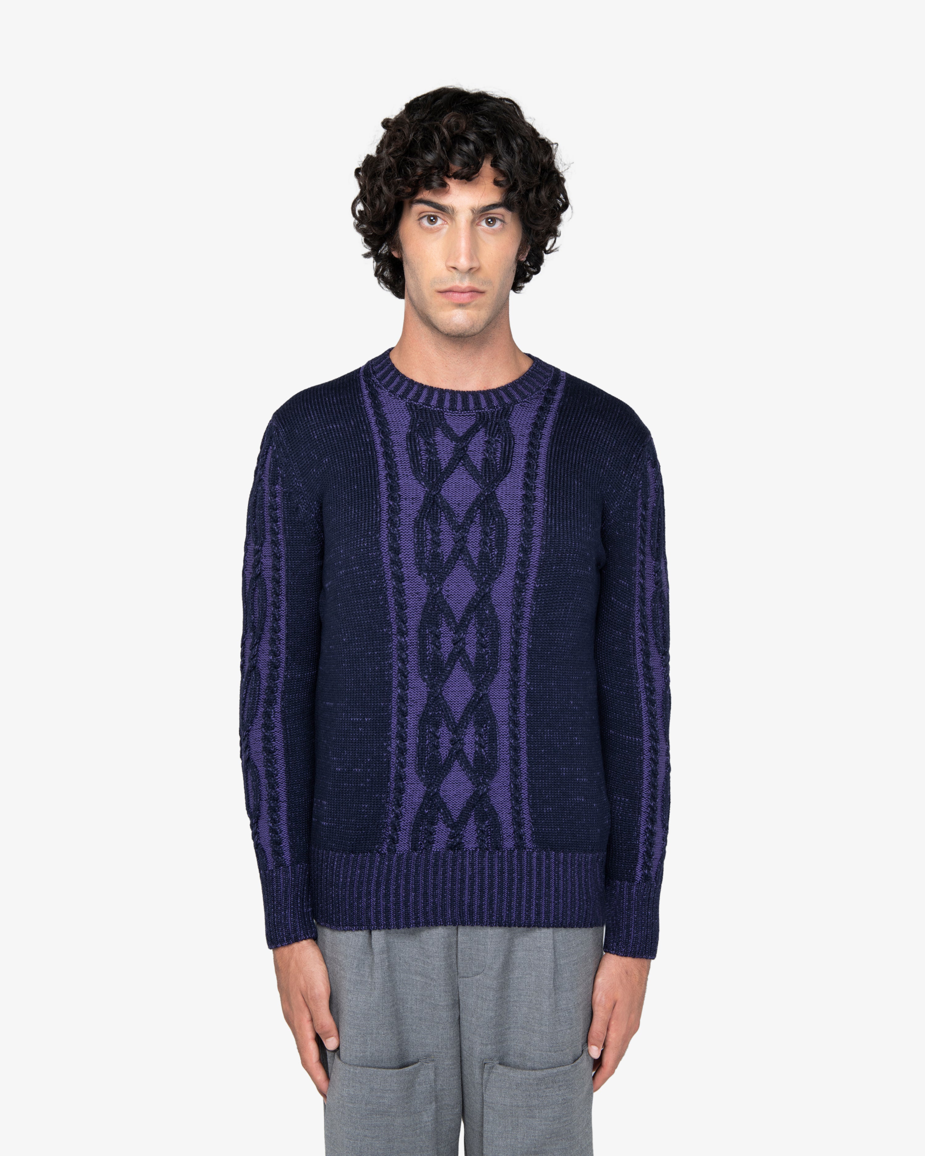 Blue Cable Knit Crewneck Sweater