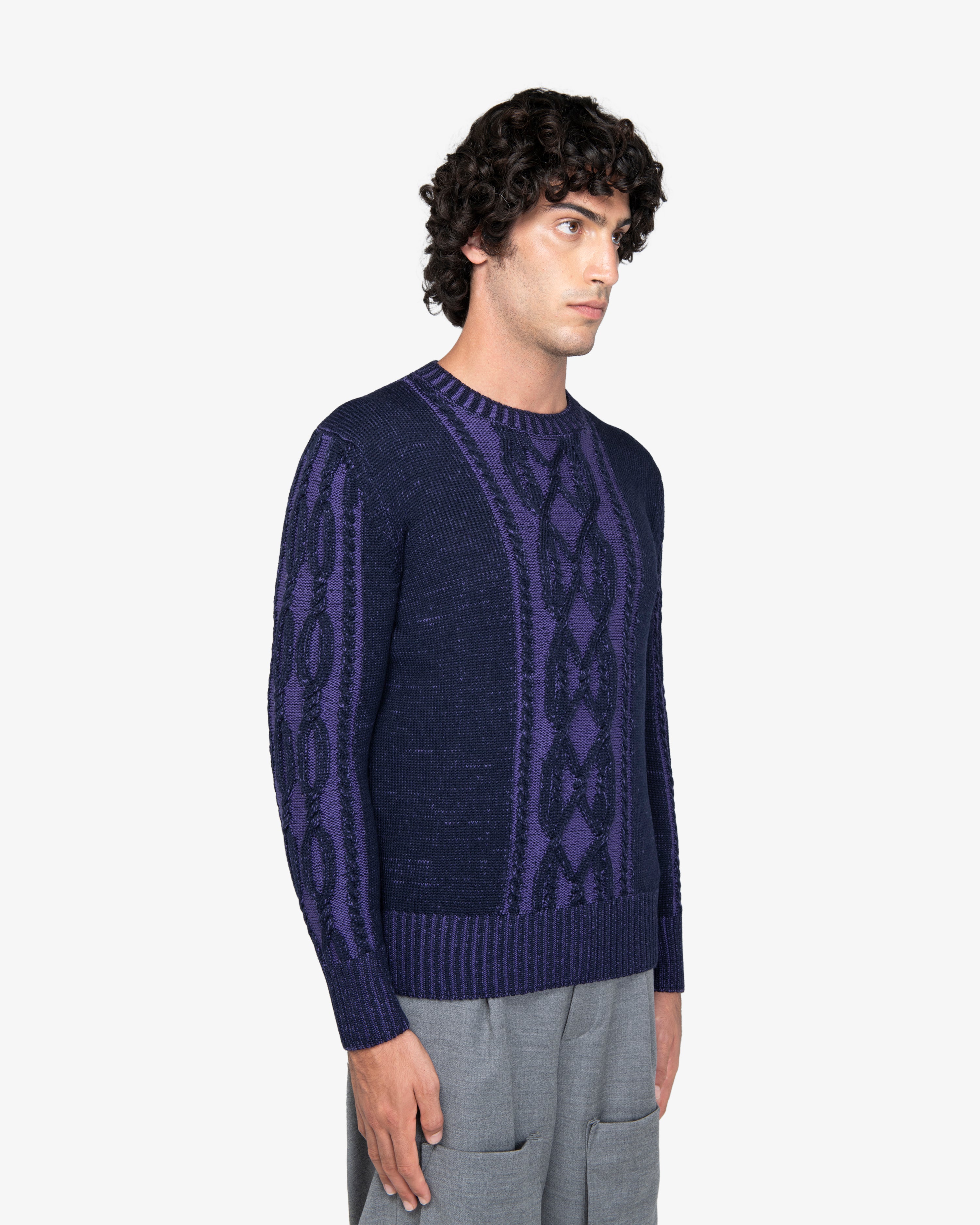 Blue Cable Knit Crewneck Sweater