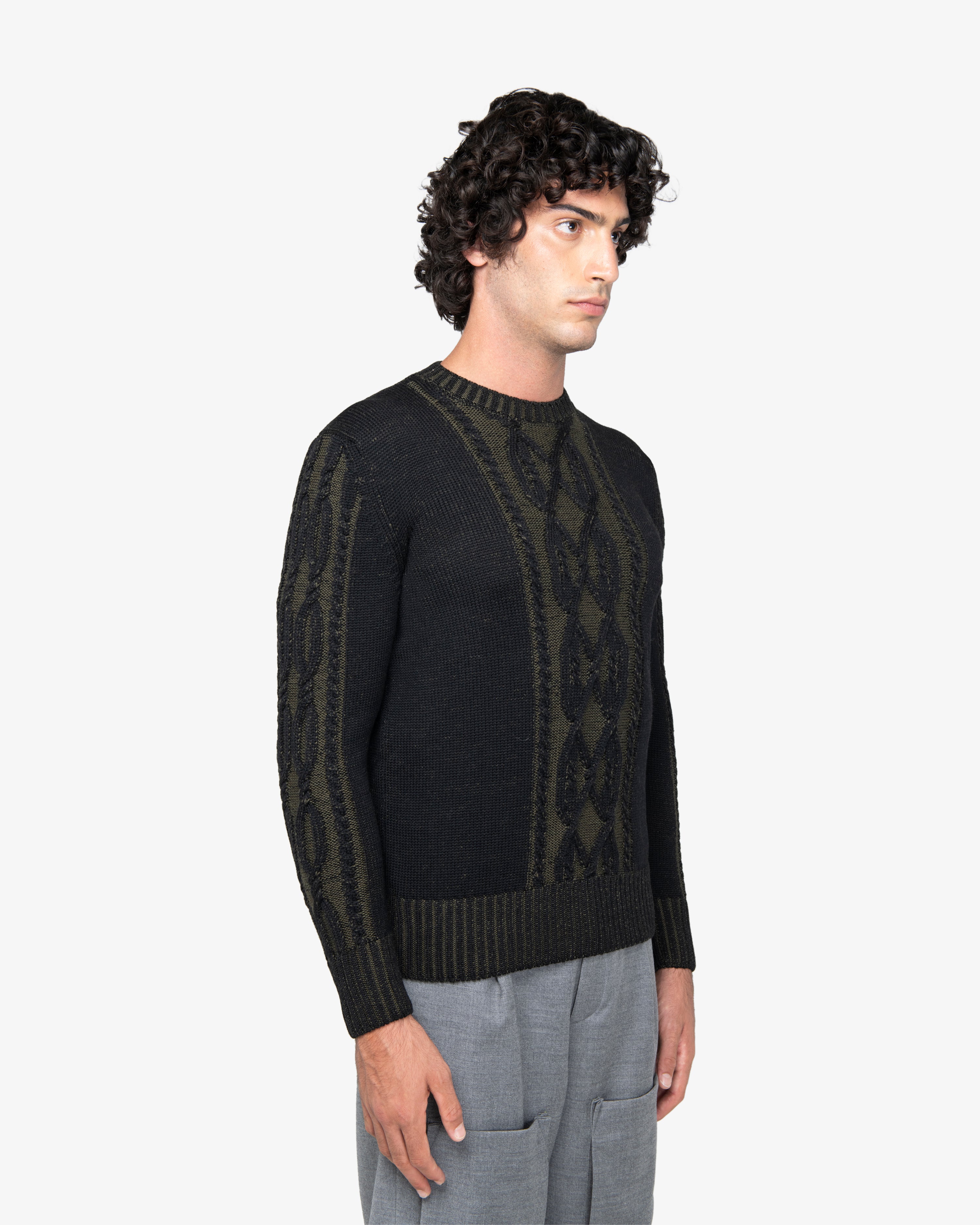 Black Cable Knit Crewneck Sweater