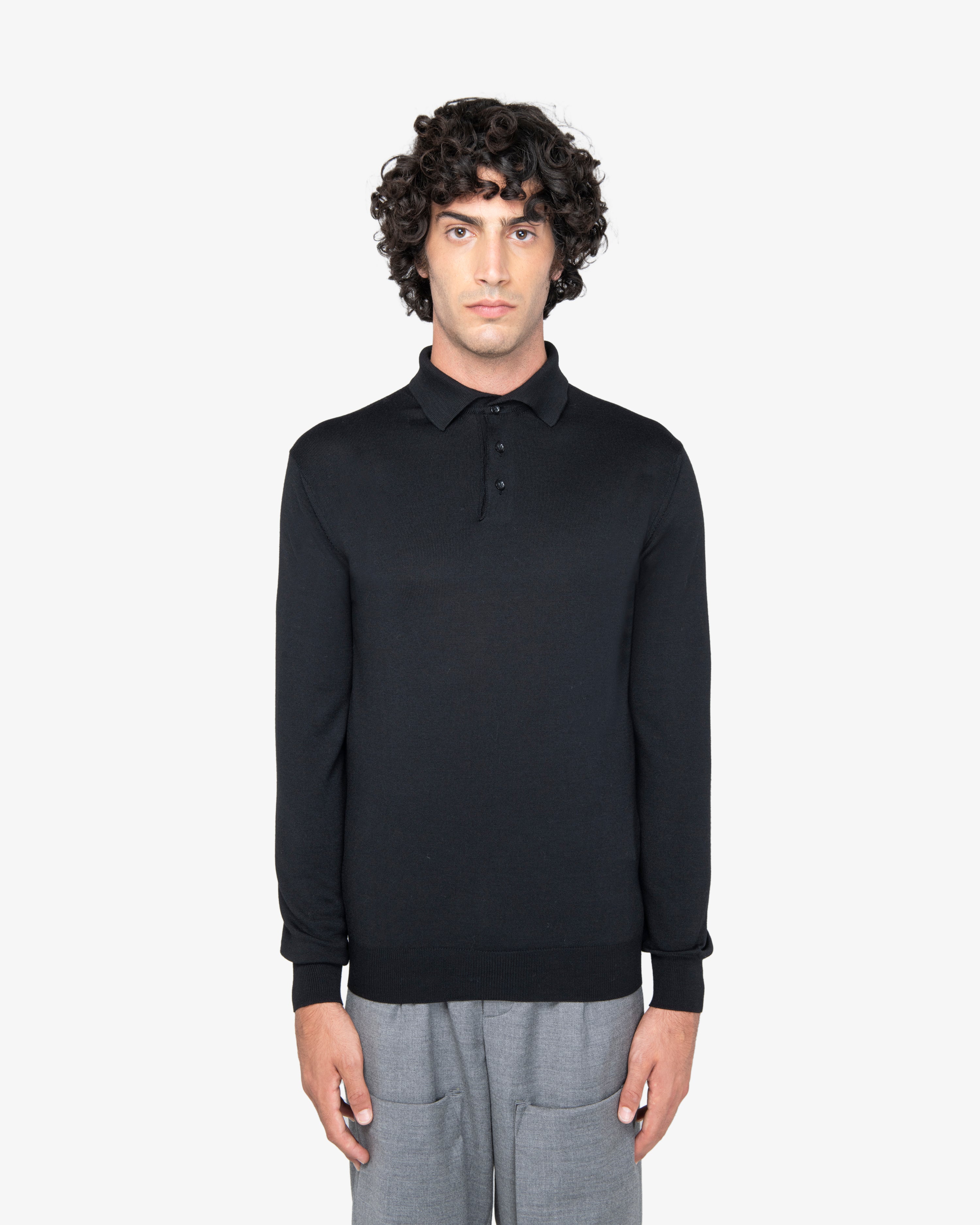 Polo zip manica lunga in lana nero