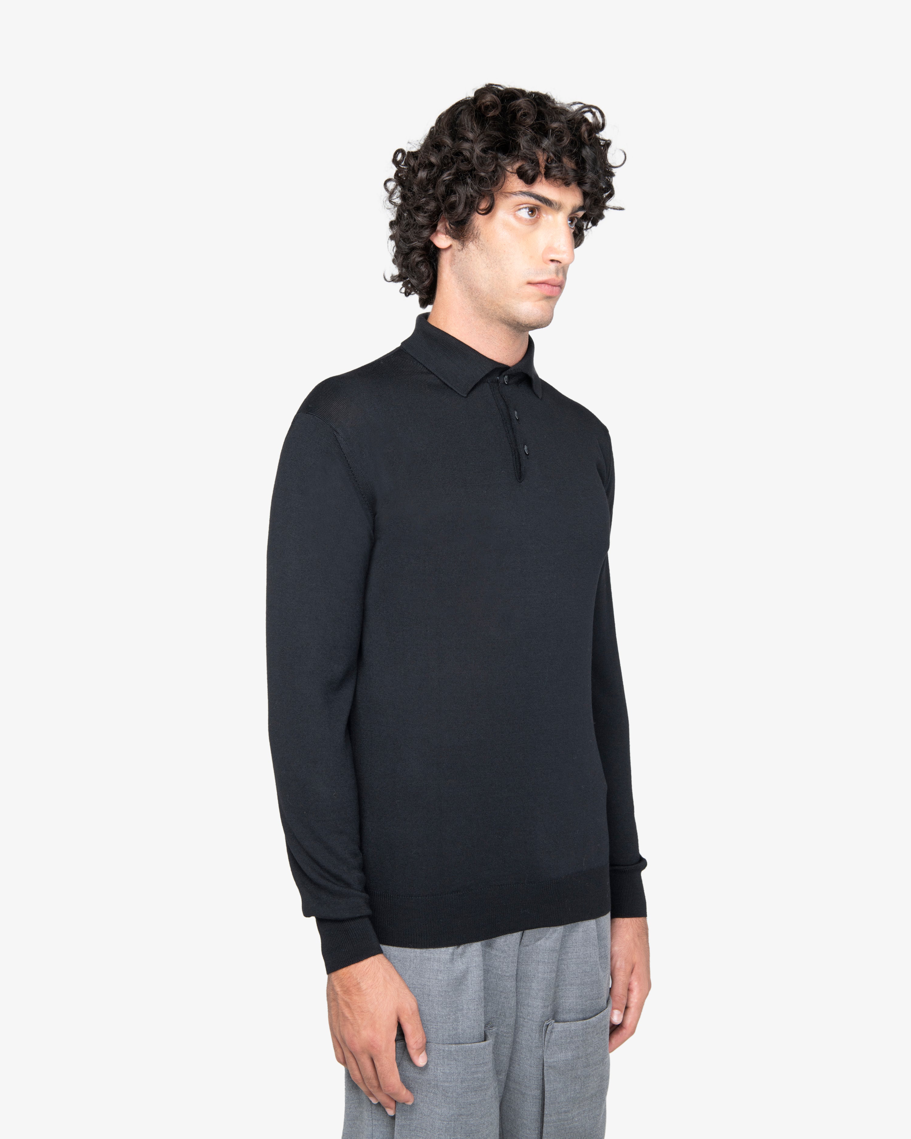 Polo zip manica lunga in lana nero