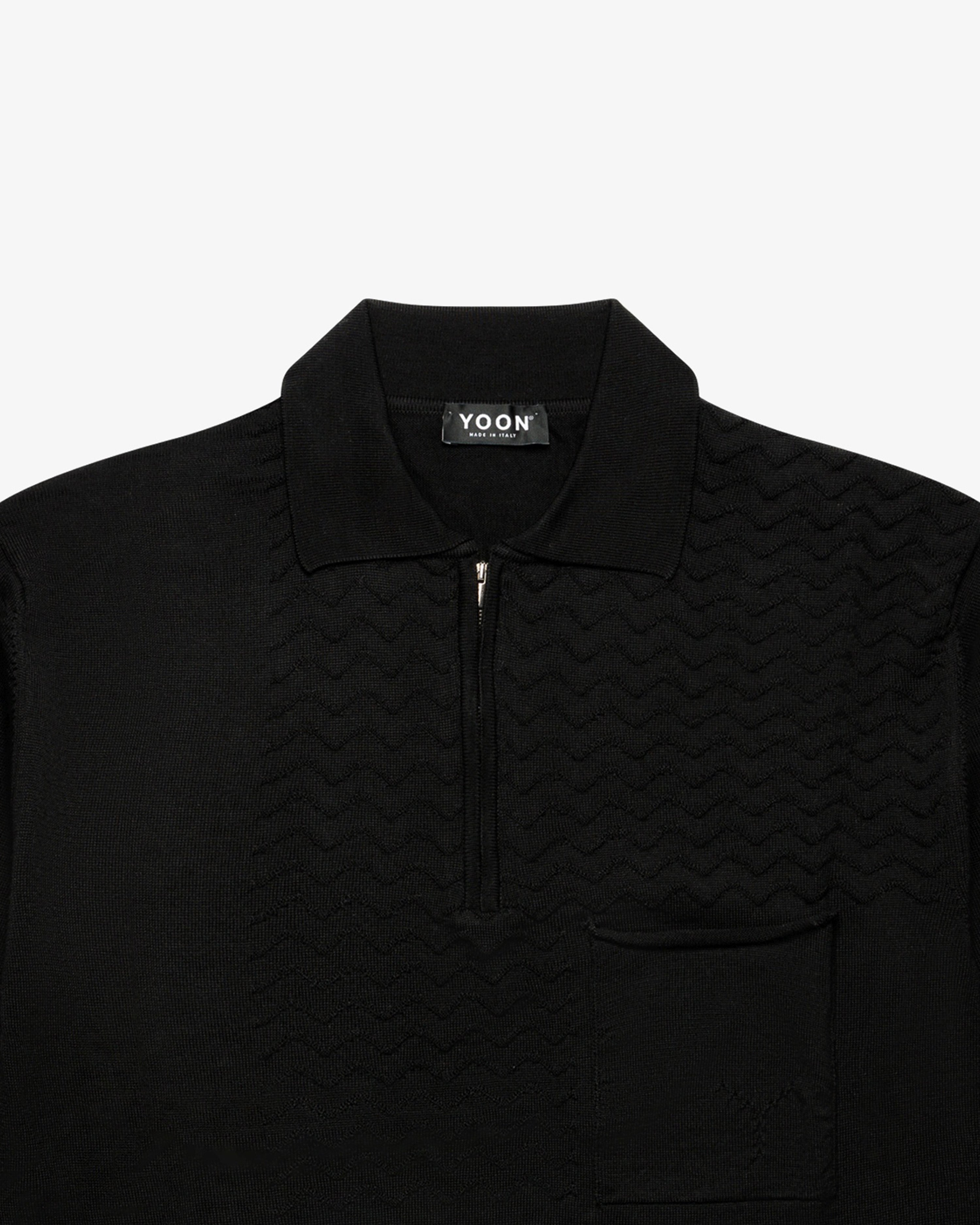 Black Zip Wool Long-Sleeve Polo